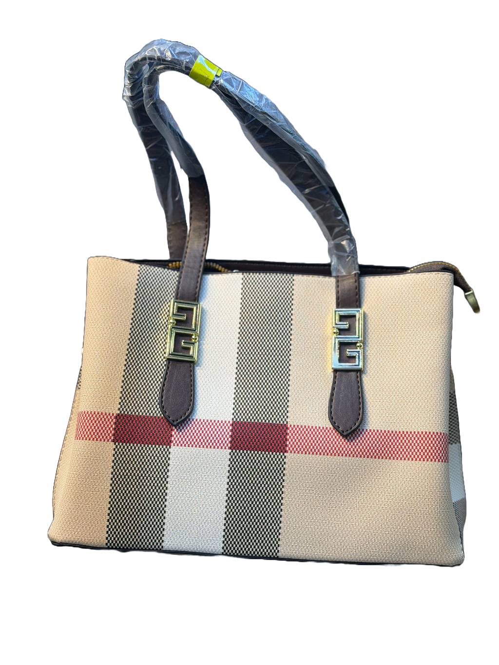 Classic Checked Canvas Tote Bag with Faux Leather Trim