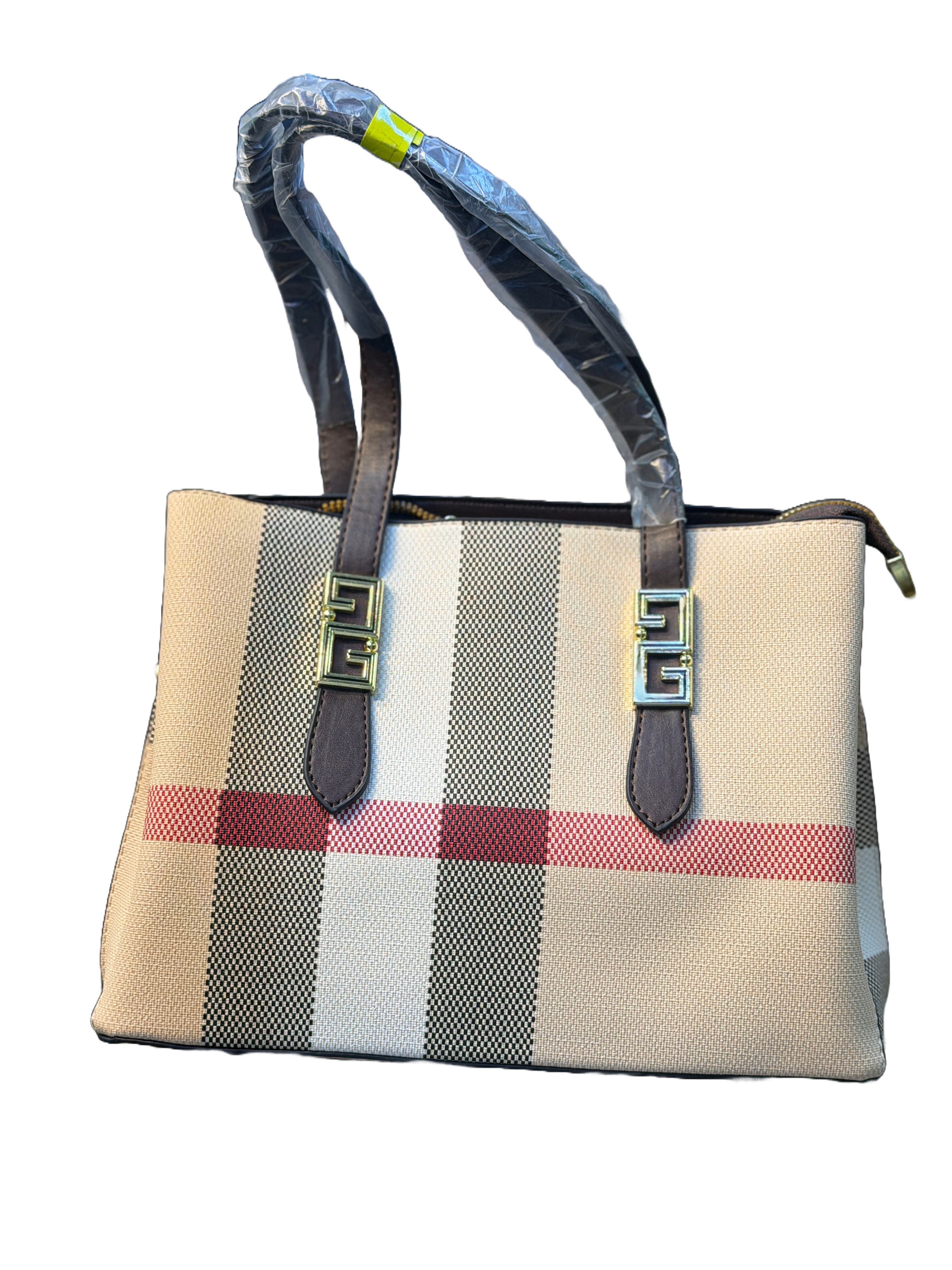 Classic Checked Canvas Tote Bag with Faux Leather Trim