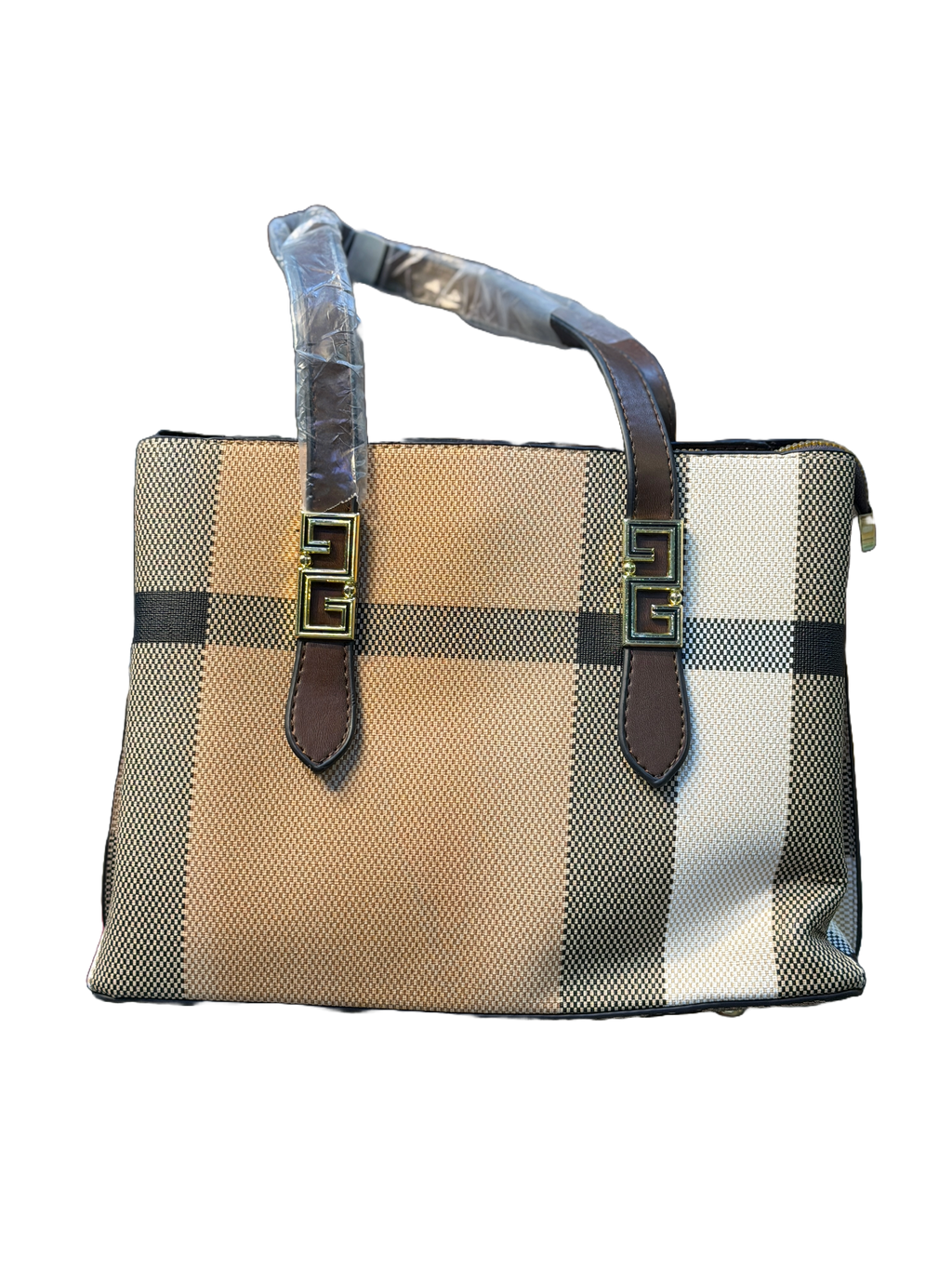 Classic Checked Canvas Tote Bag with Faux Leather Trim