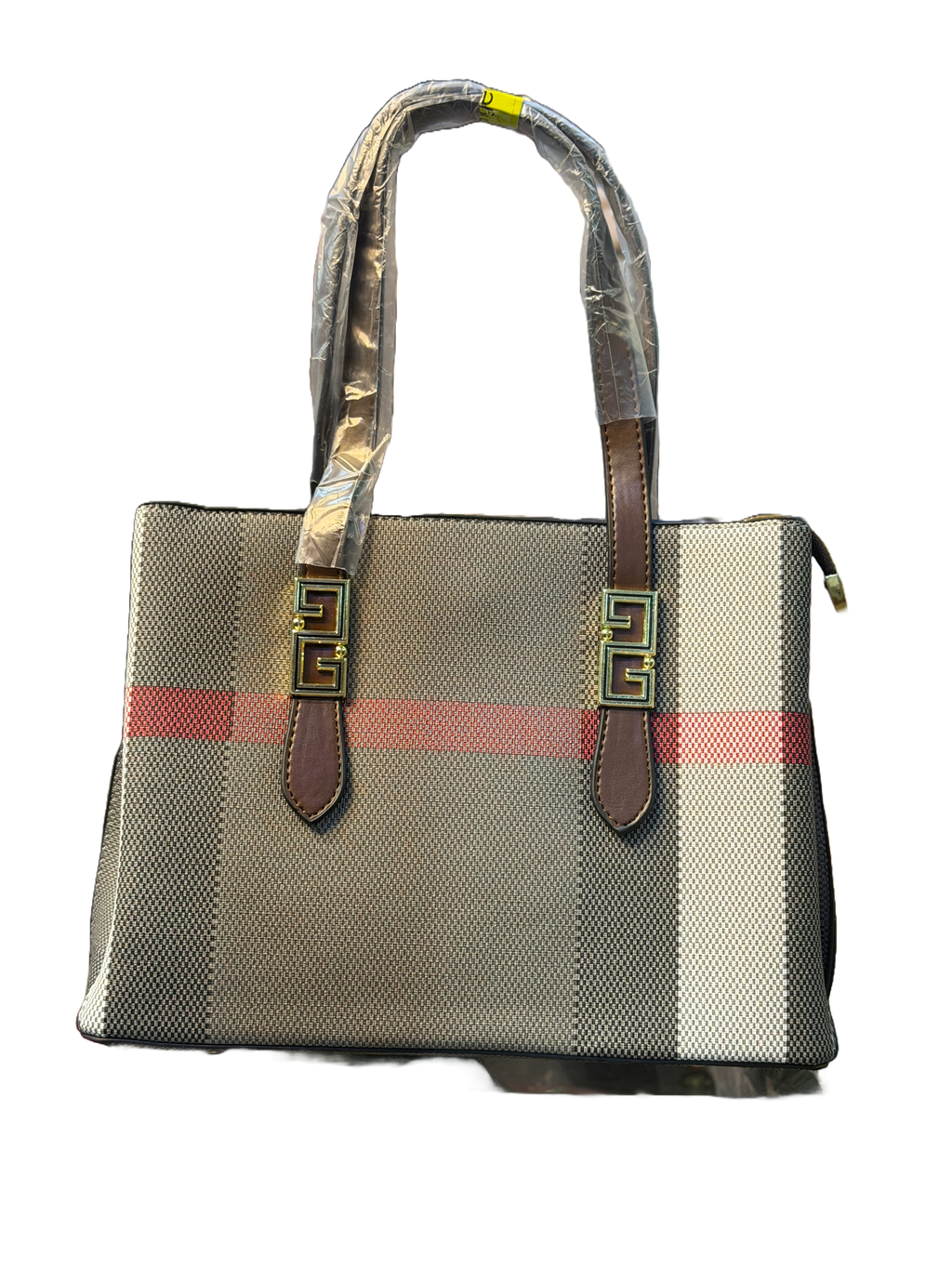 Classic Checked Canvas Tote Bag with Faux Leather Trim