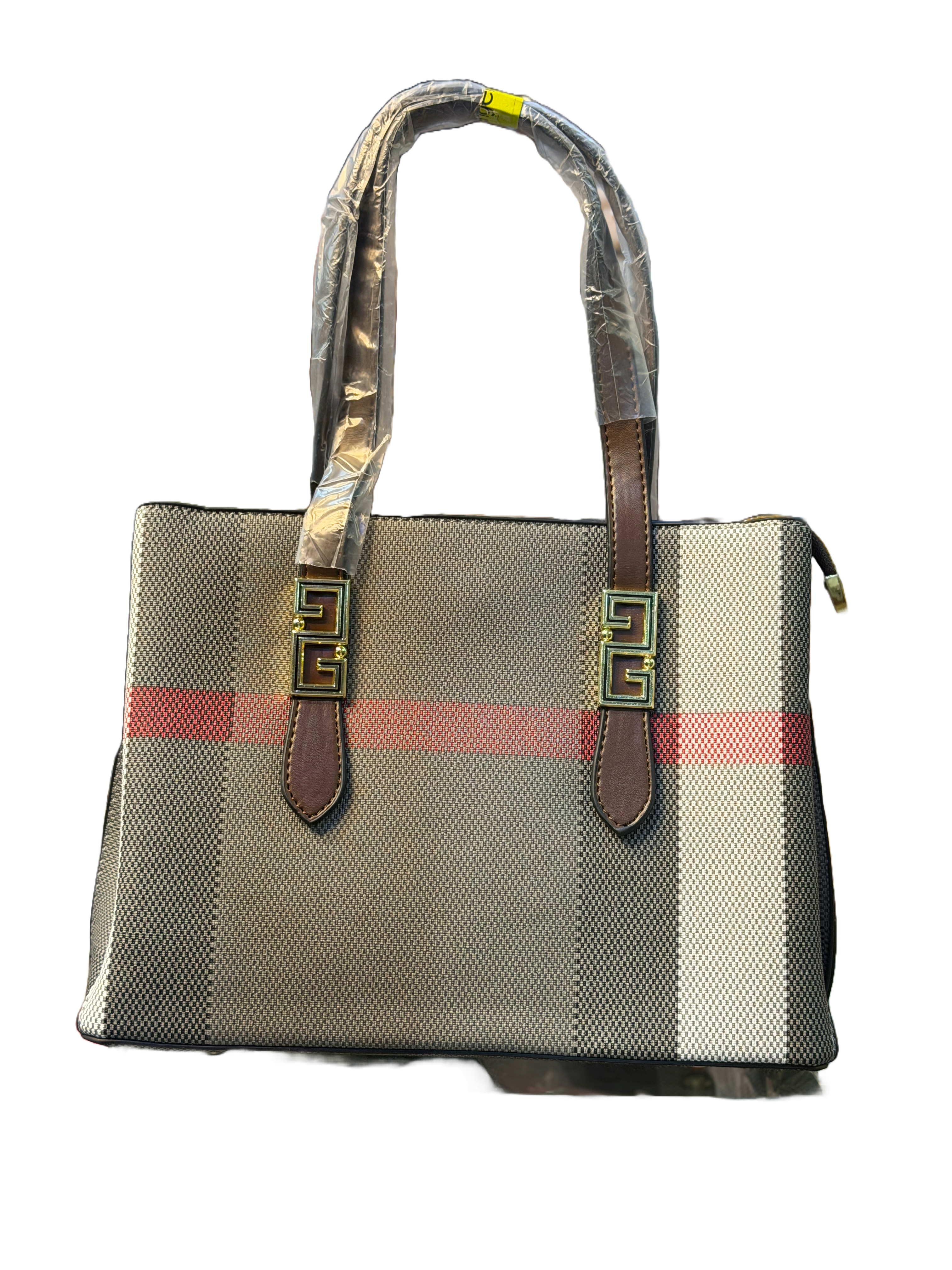 Classic Checked Canvas Tote Bag with Faux Leather Trim