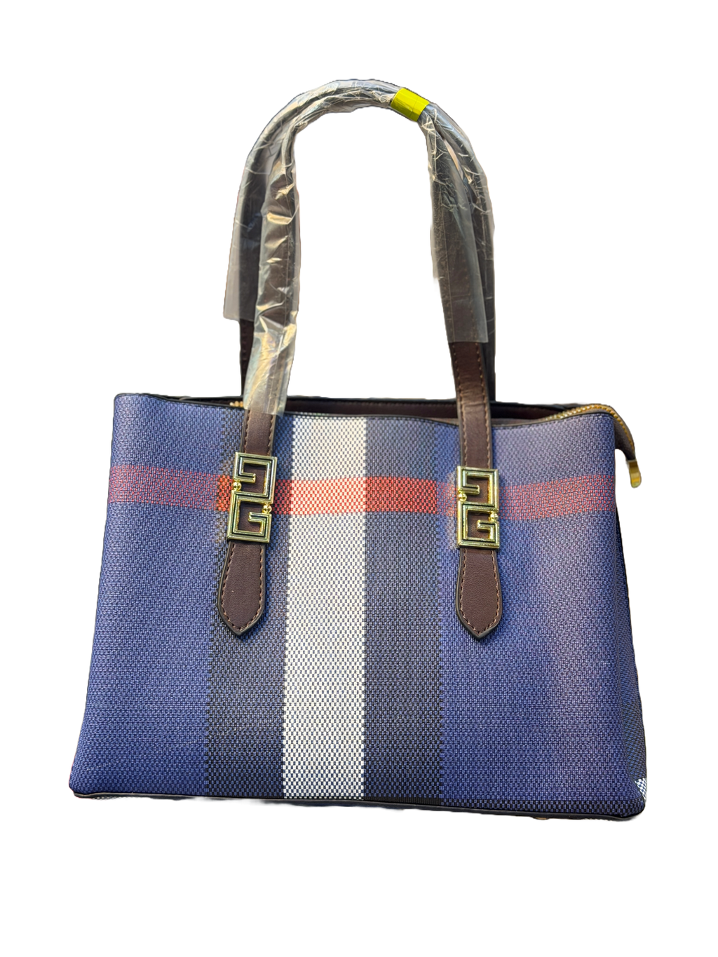 Classic Checked Canvas Tote Bag with Faux Leather Trim