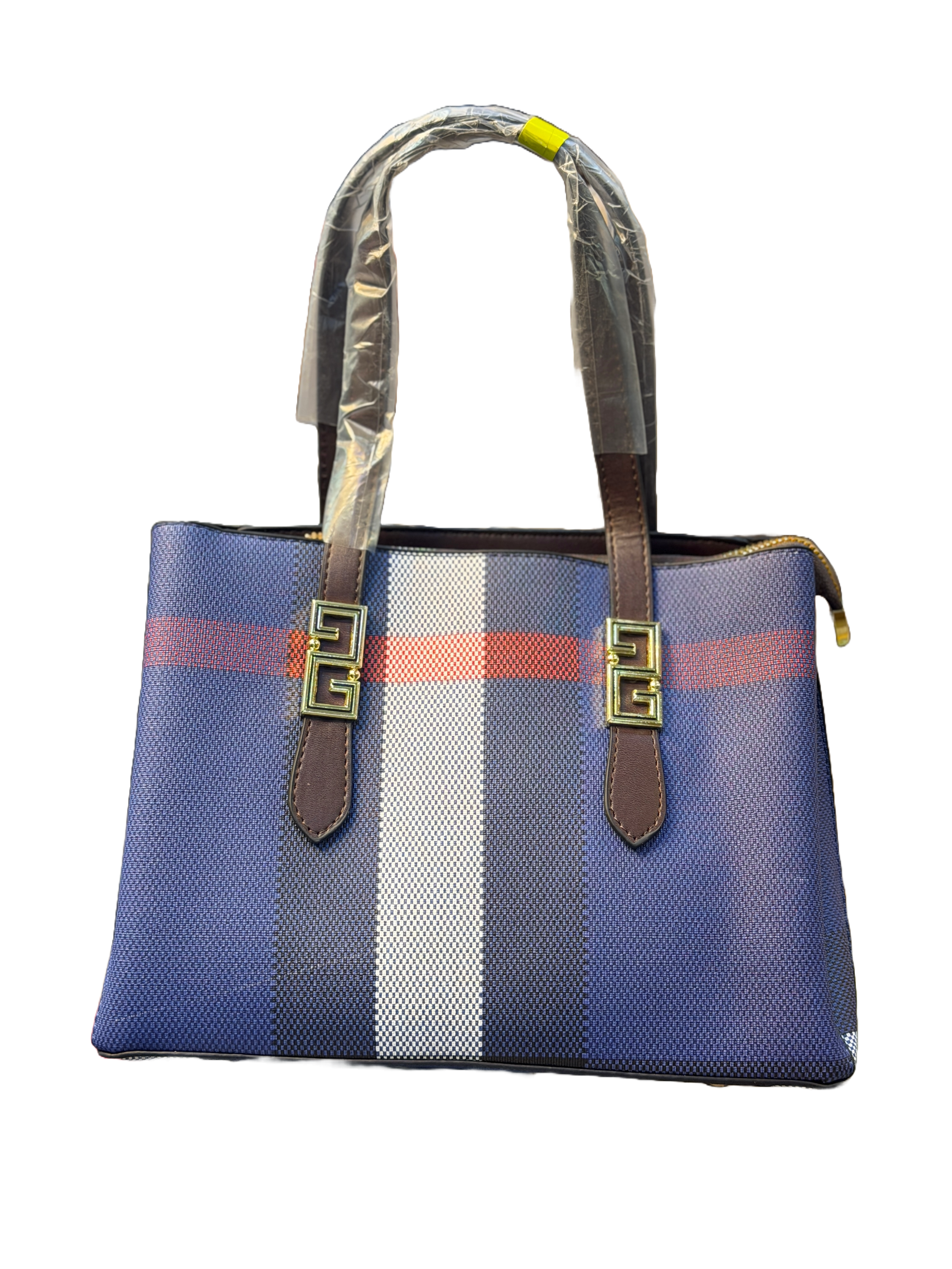 Classic Checked Canvas Tote Bag with Faux Leather Trim