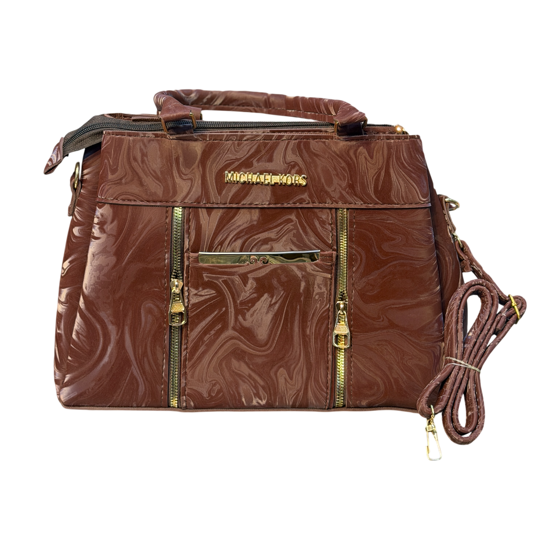 Marble Print Faux Leather Handbag with Gold Zips