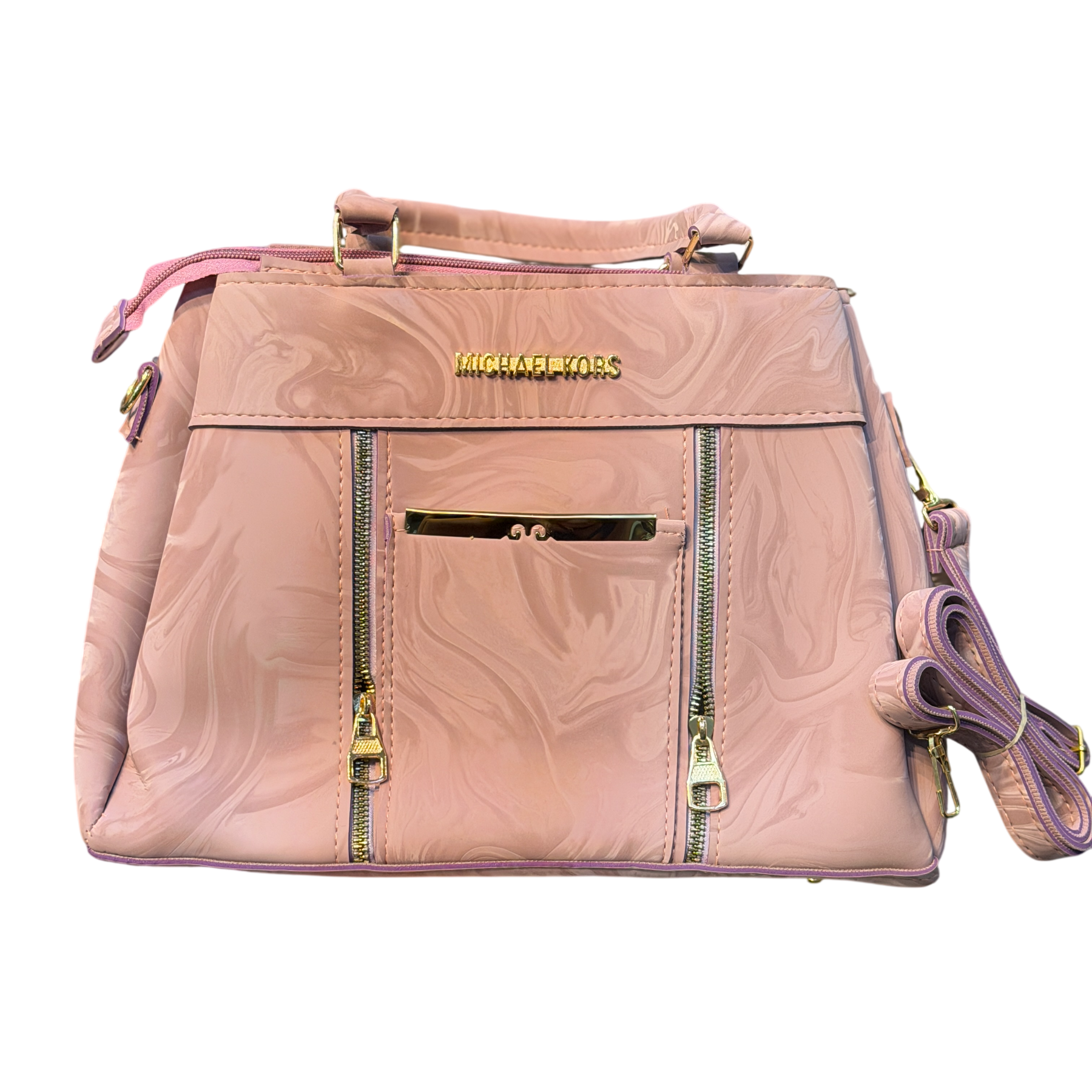 Marble Print Faux Leather Handbag with Gold Zips