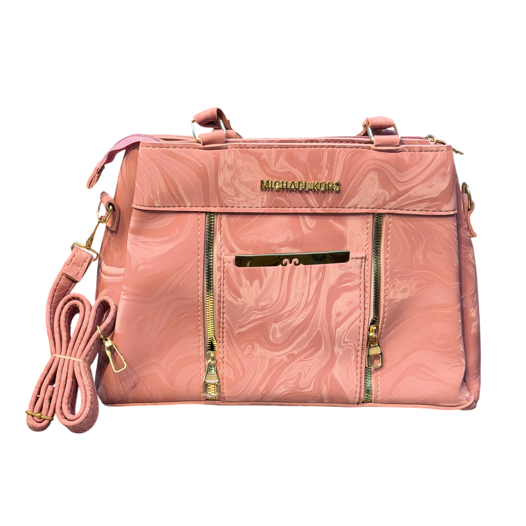 Marble Print Faux Leather Handbag with Gold Zips
