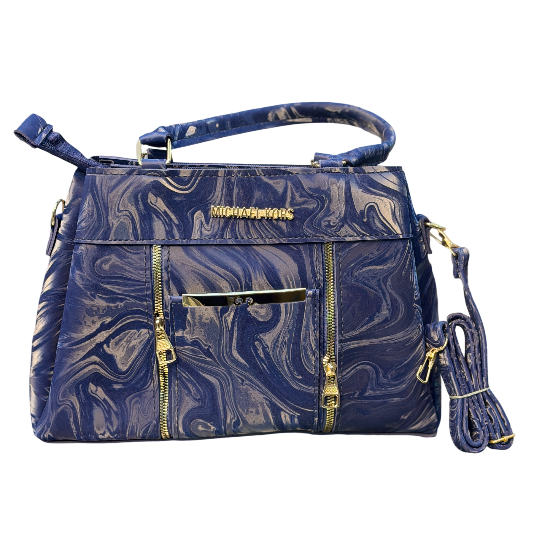 Marble Print Faux Leather Handbag with Gold Zips