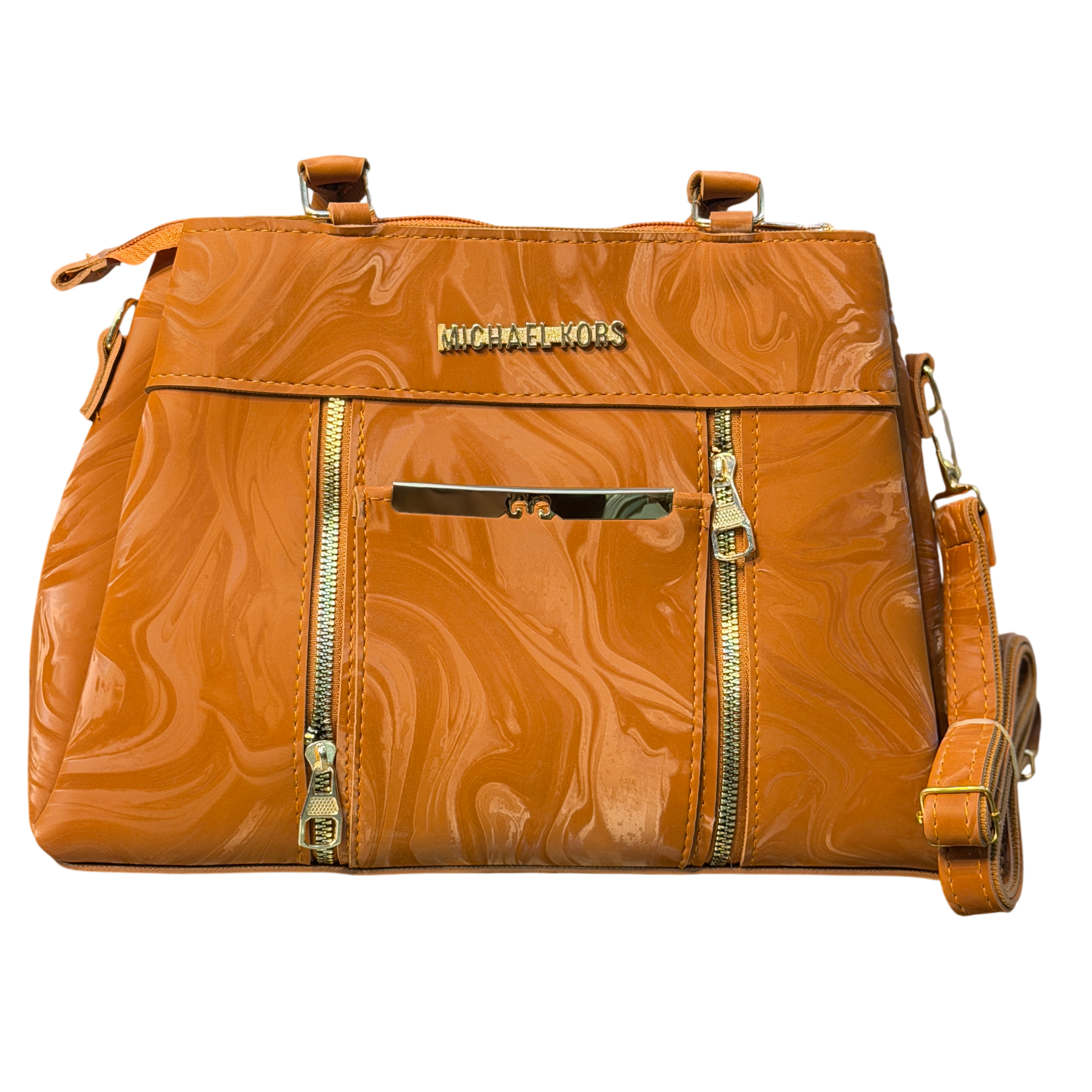 Marble Print Faux Leather Handbag with Gold Zips