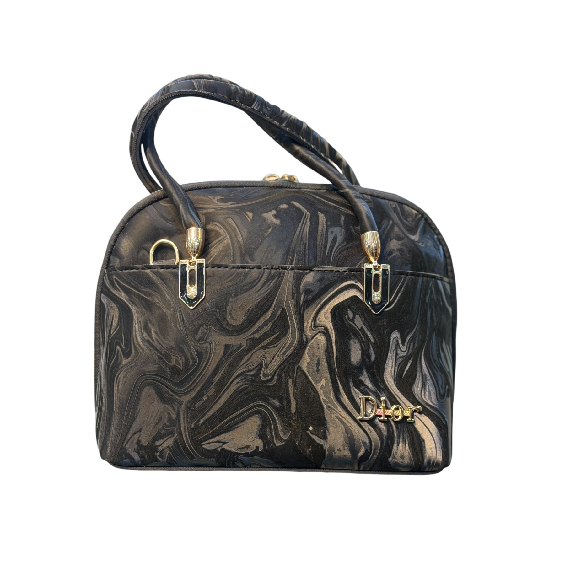 Marble Print Dome Handbag with Gold Accents