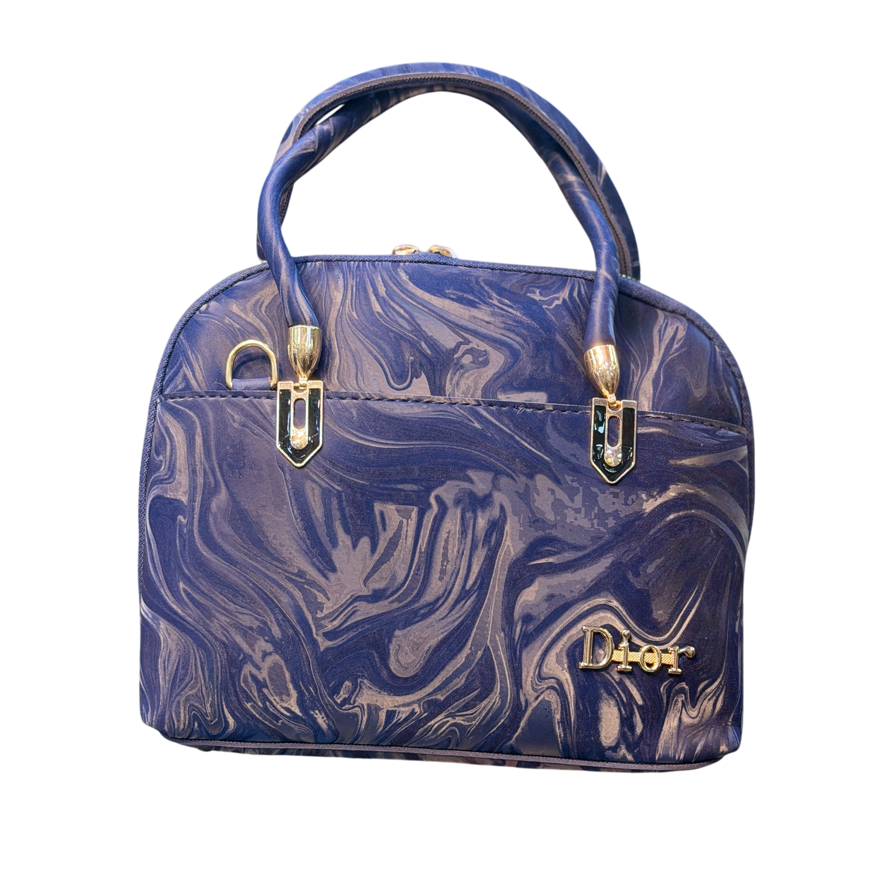 Marble Print Dome Handbag with Gold Accents