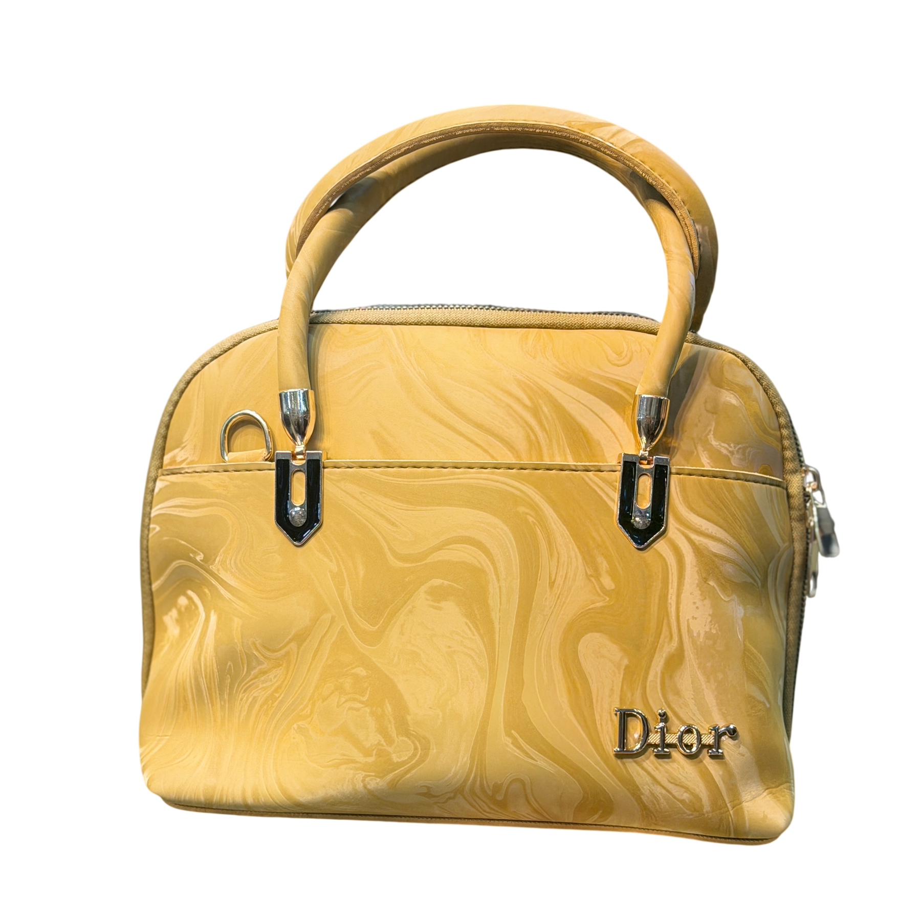 Marble Print Dome Handbag with Gold Accents