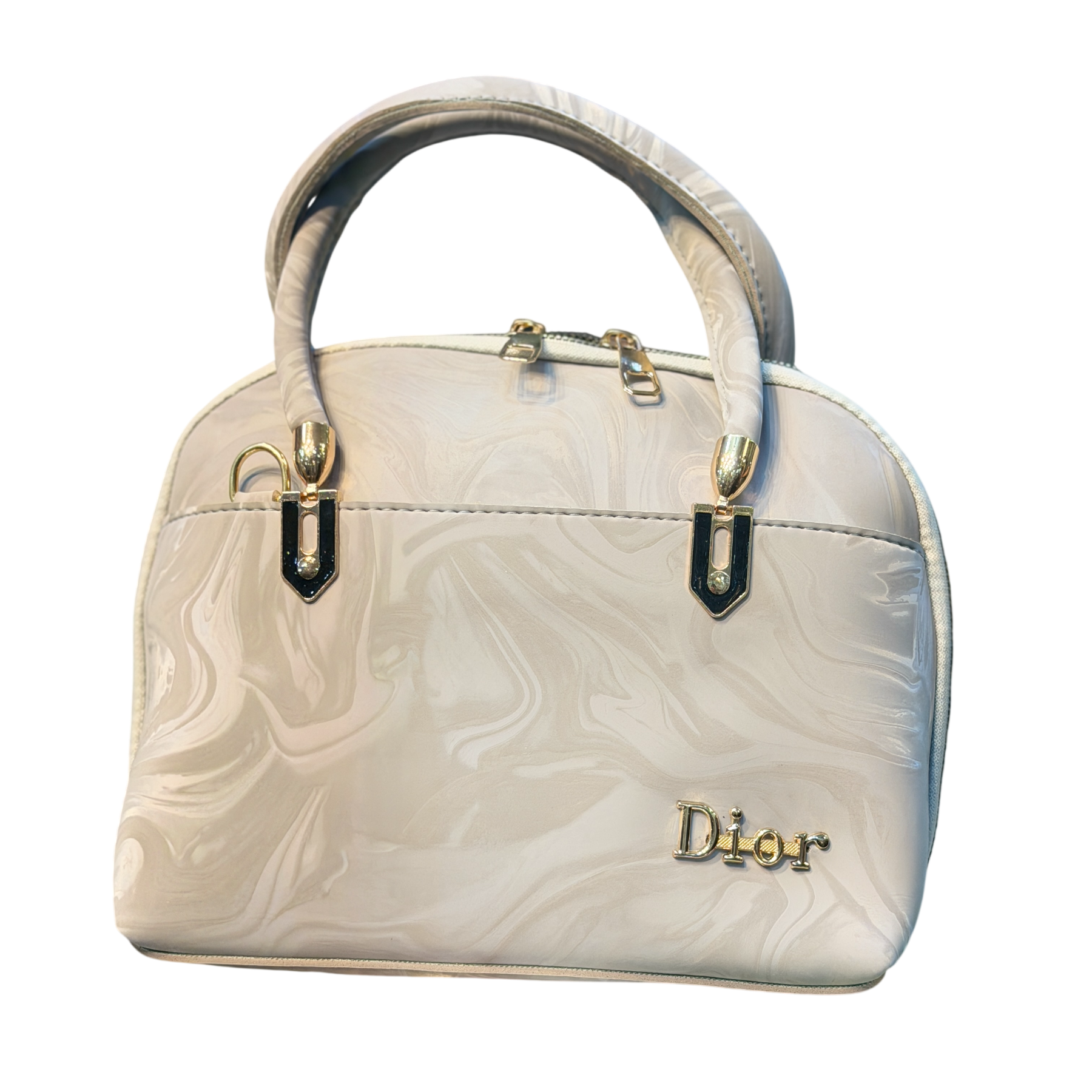 Marble Print Dome Handbag with Gold Accents