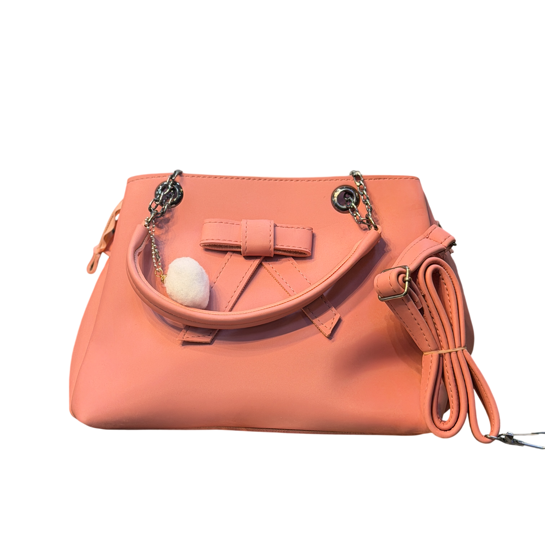 Bow Design Handbag with Chain Handles & Pom-Pom Charm