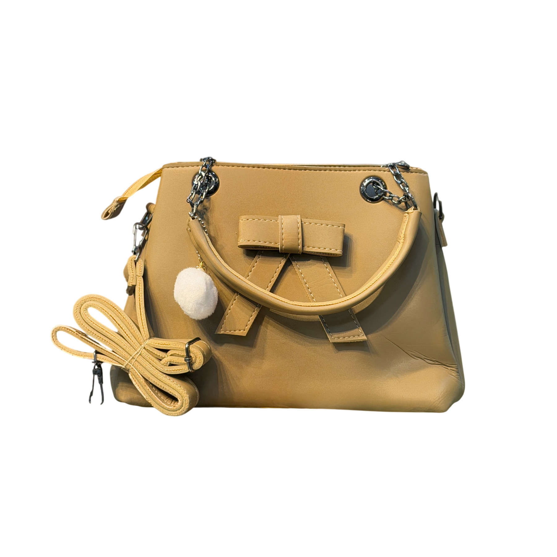 Bow Design Handbag with Chain Handles & Pom-Pom Charm