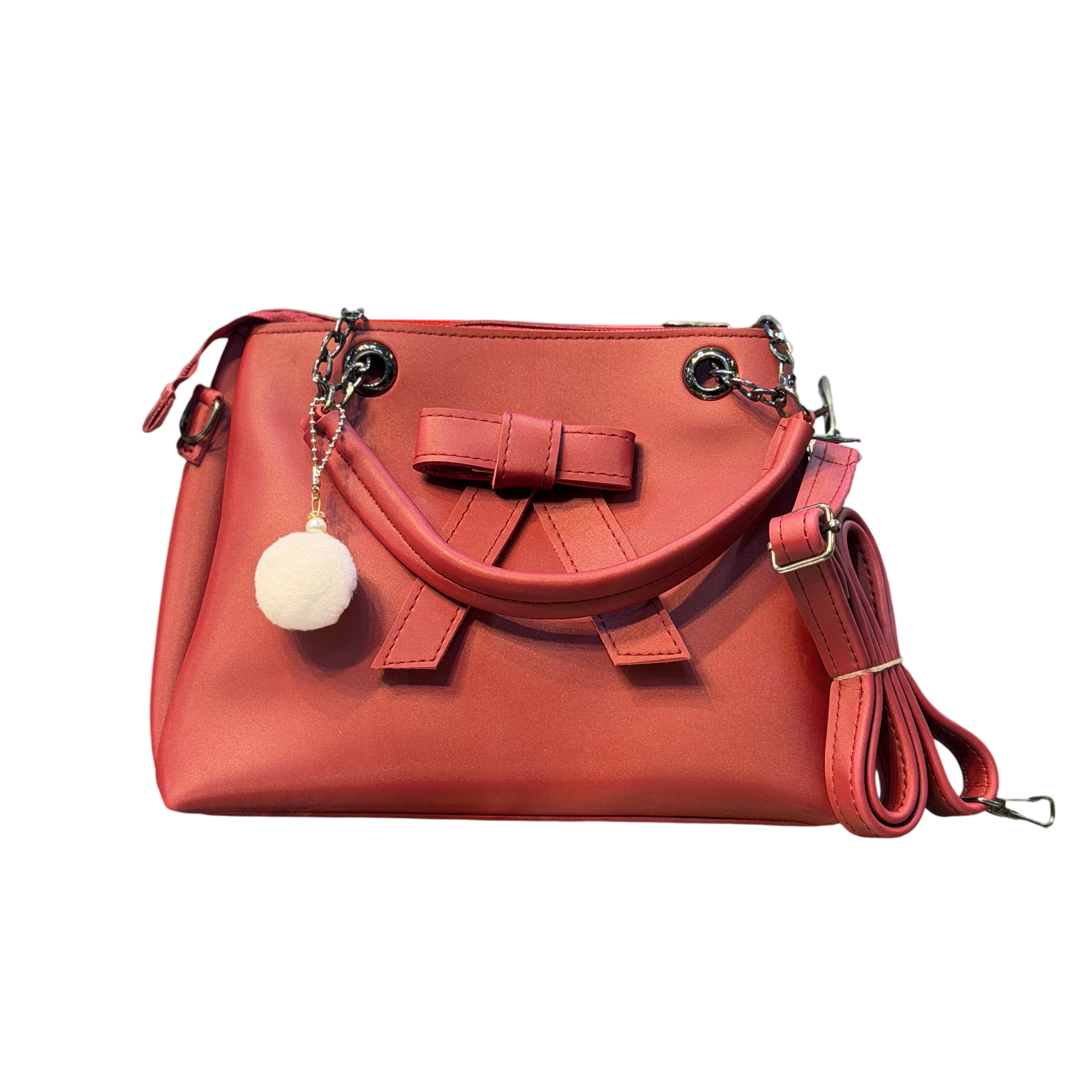 Bow Design Handbag with Chain Handles & Pom-Pom Charm