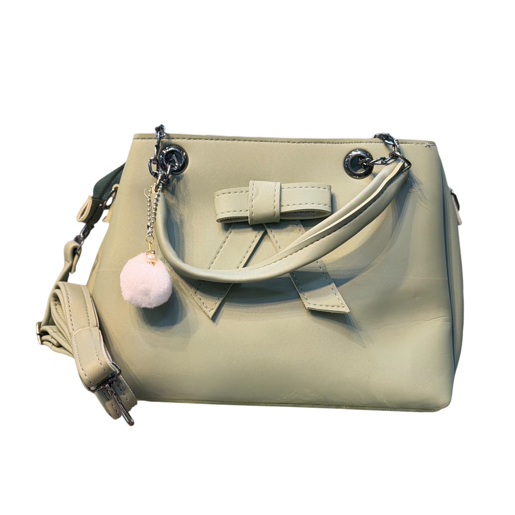 Bow Design Handbag with Chain Handles & Pom-Pom Charm