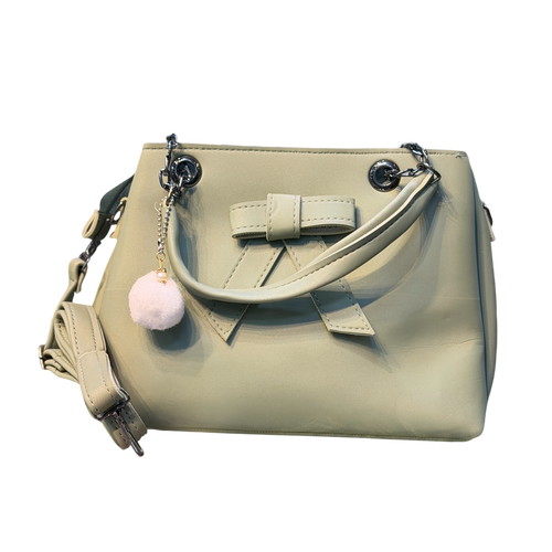 Bow Design Handbag with Chain Handles & Pom-Pom Charm