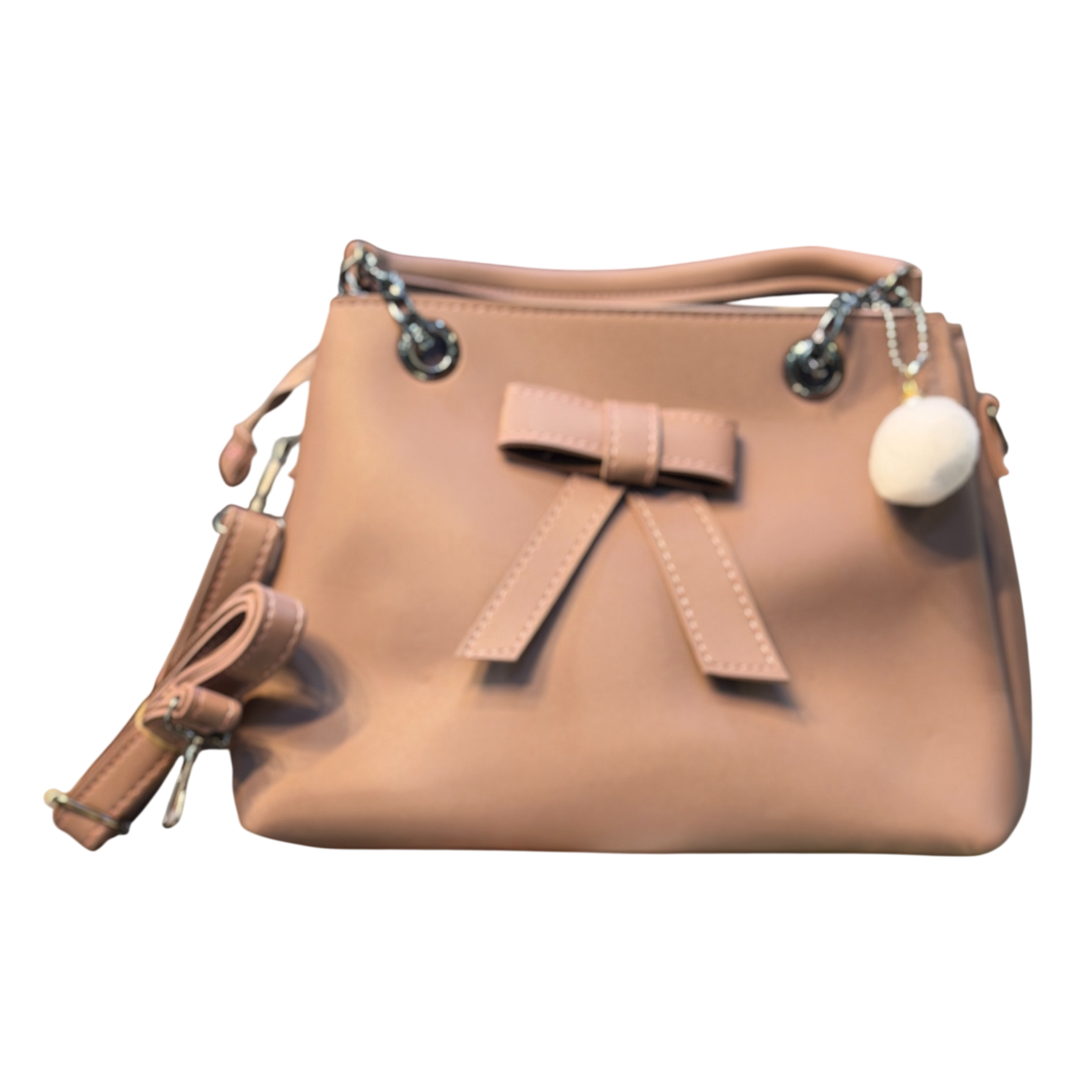 Bow Design Handbag with Chain Handles & Pom-Pom Charm