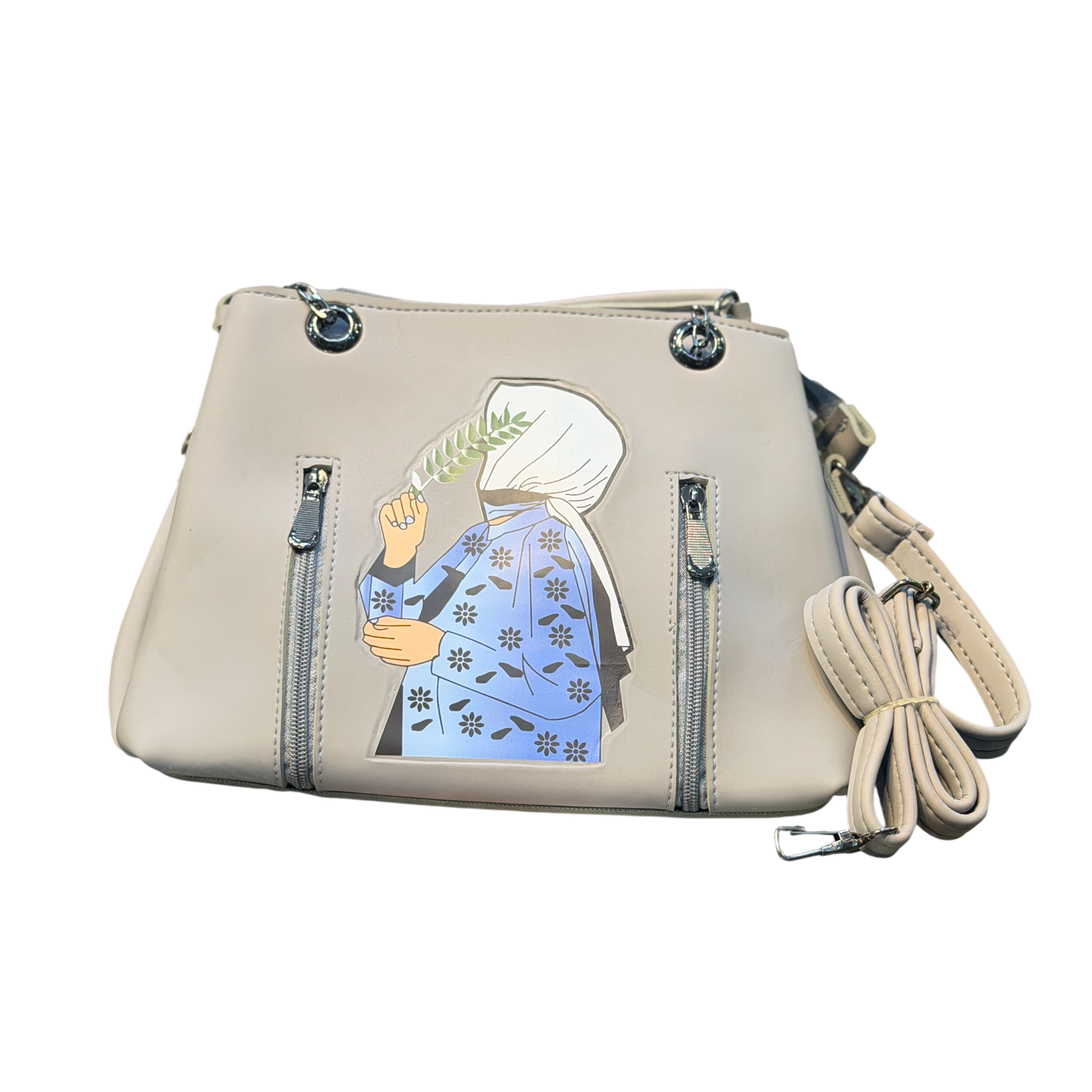 Hijabi Girl Print Handbag with Crossbody Strap