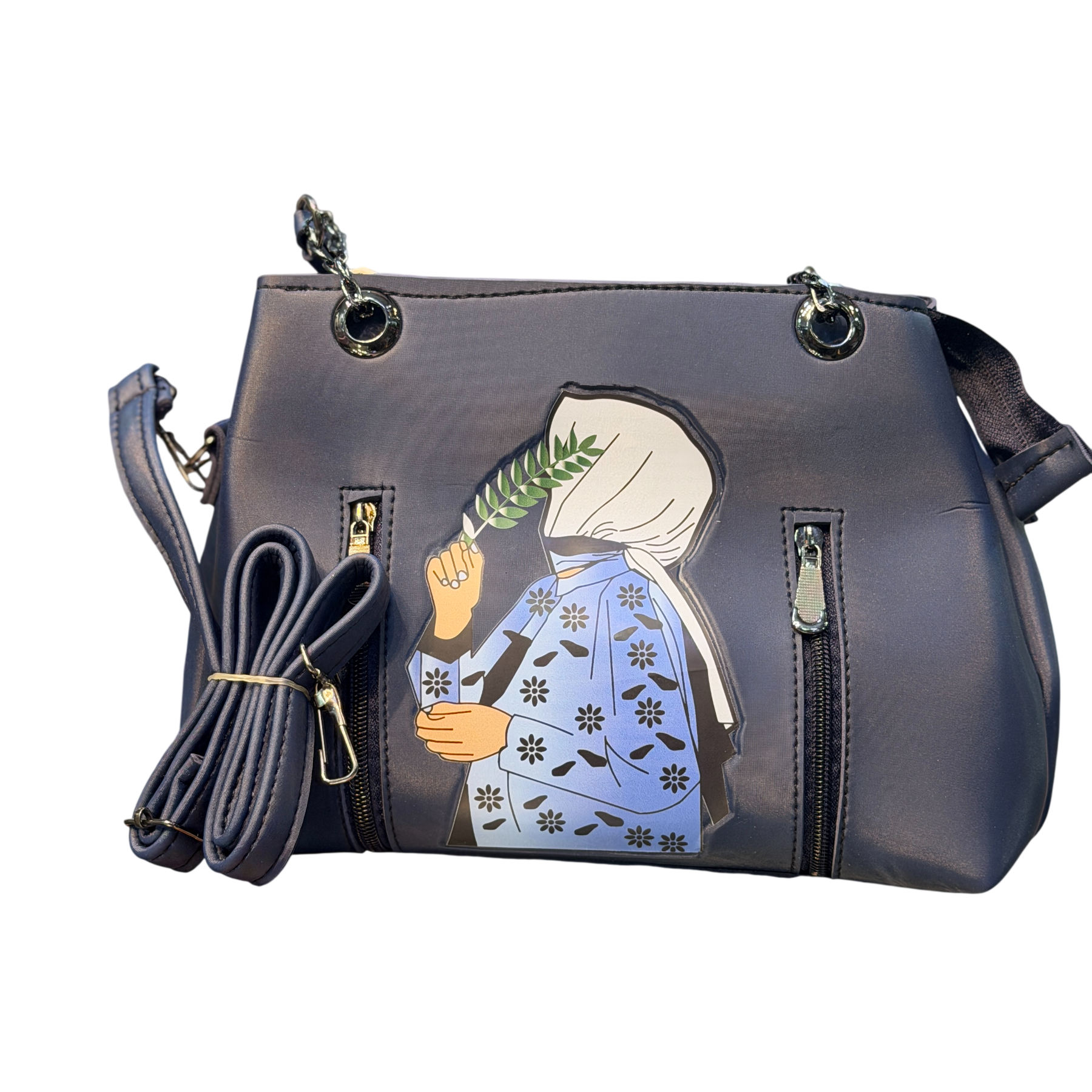 Hijabi Girl Print Handbag with Crossbody Strap
