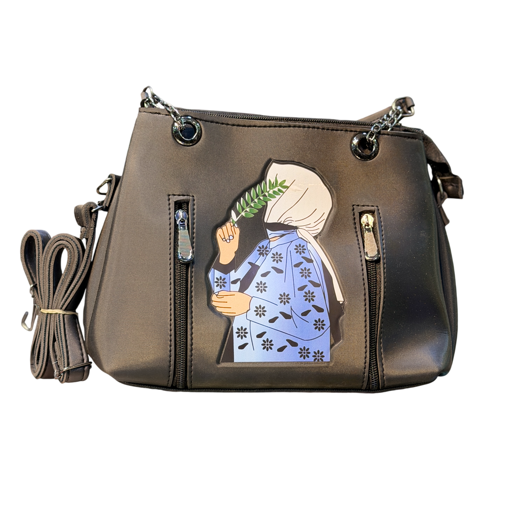 Hijabi Girl Print Handbag with Crossbody Strap