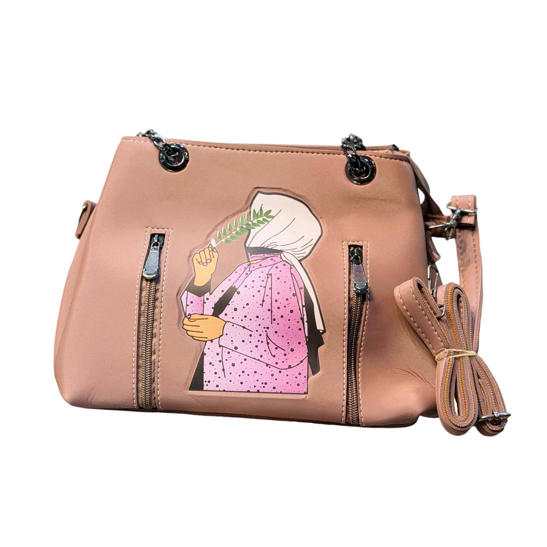 Hijabi Girl Print Handbag with Crossbody Strap
