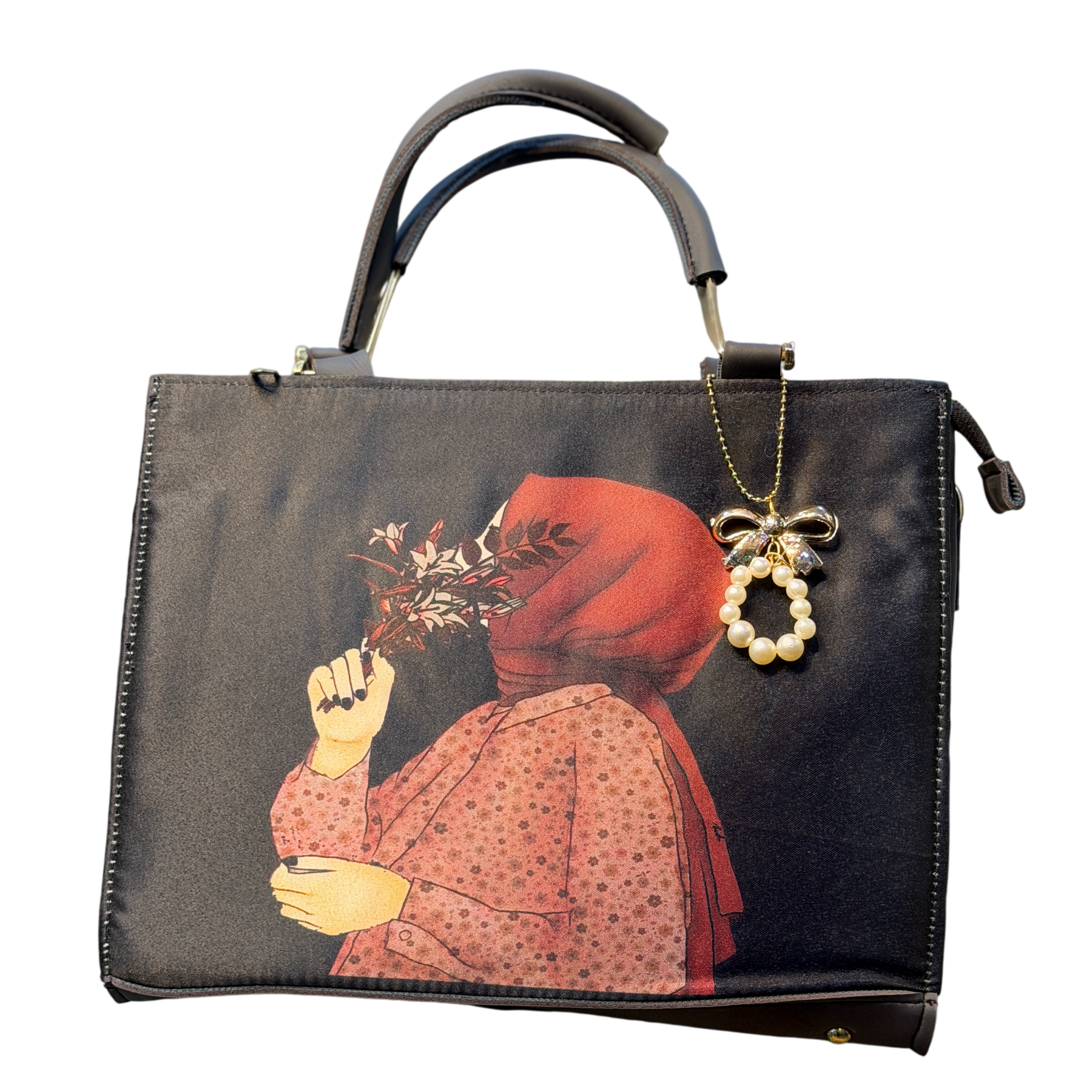 Hijabi Girl with Flowers Print Box Handbag