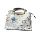 Printed Faux Leather Handbag with Pom-Pom Charm