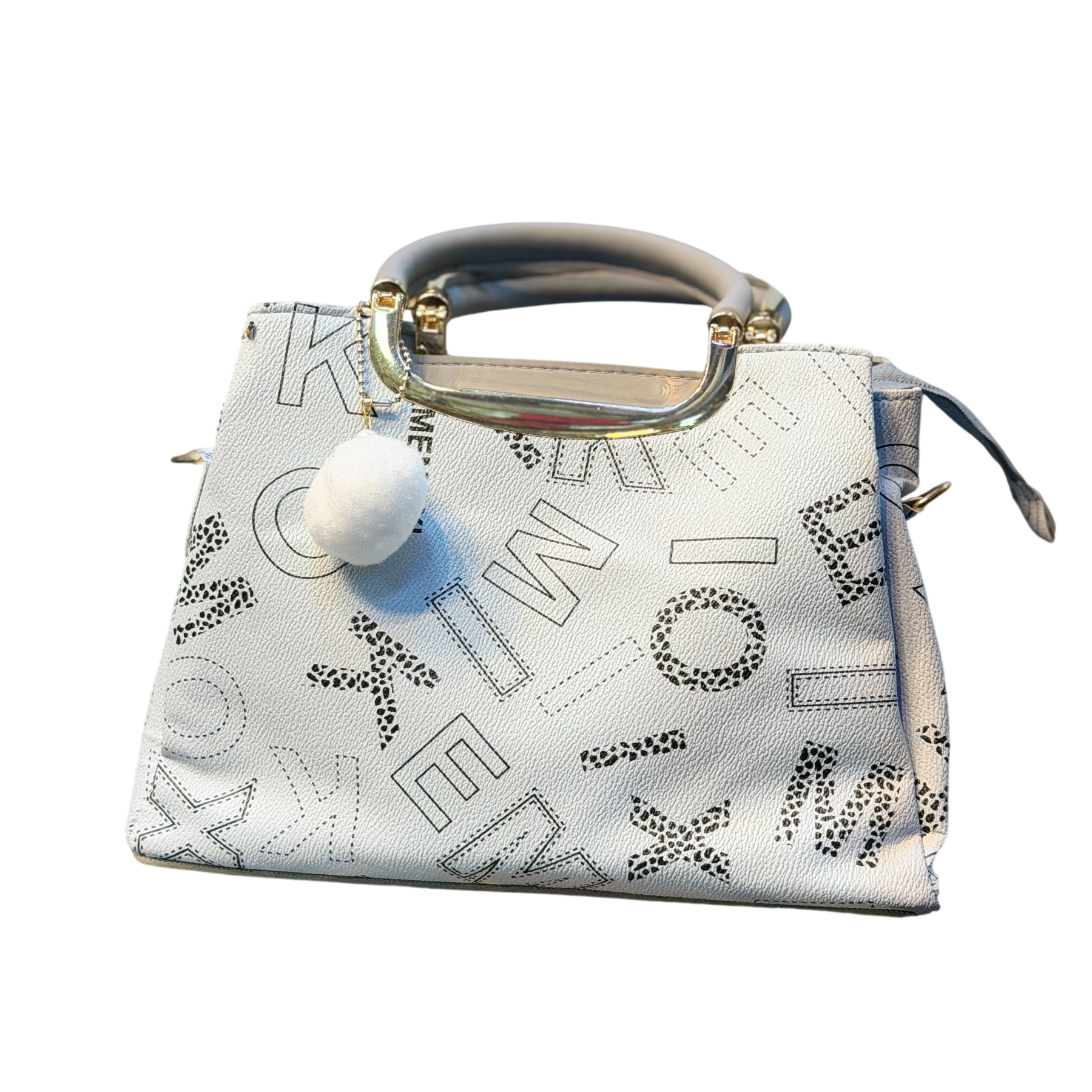 Printed Faux Leather Handbag with Pom-Pom Charm