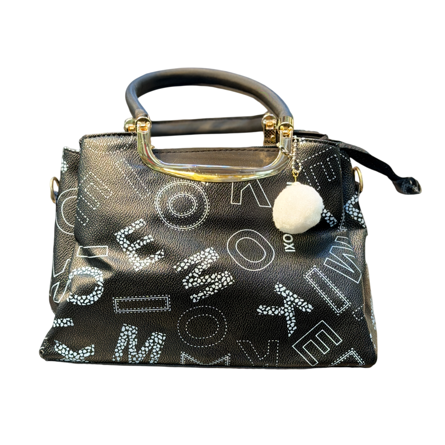 Printed Faux Leather Handbag with Pom-Pom Charm
