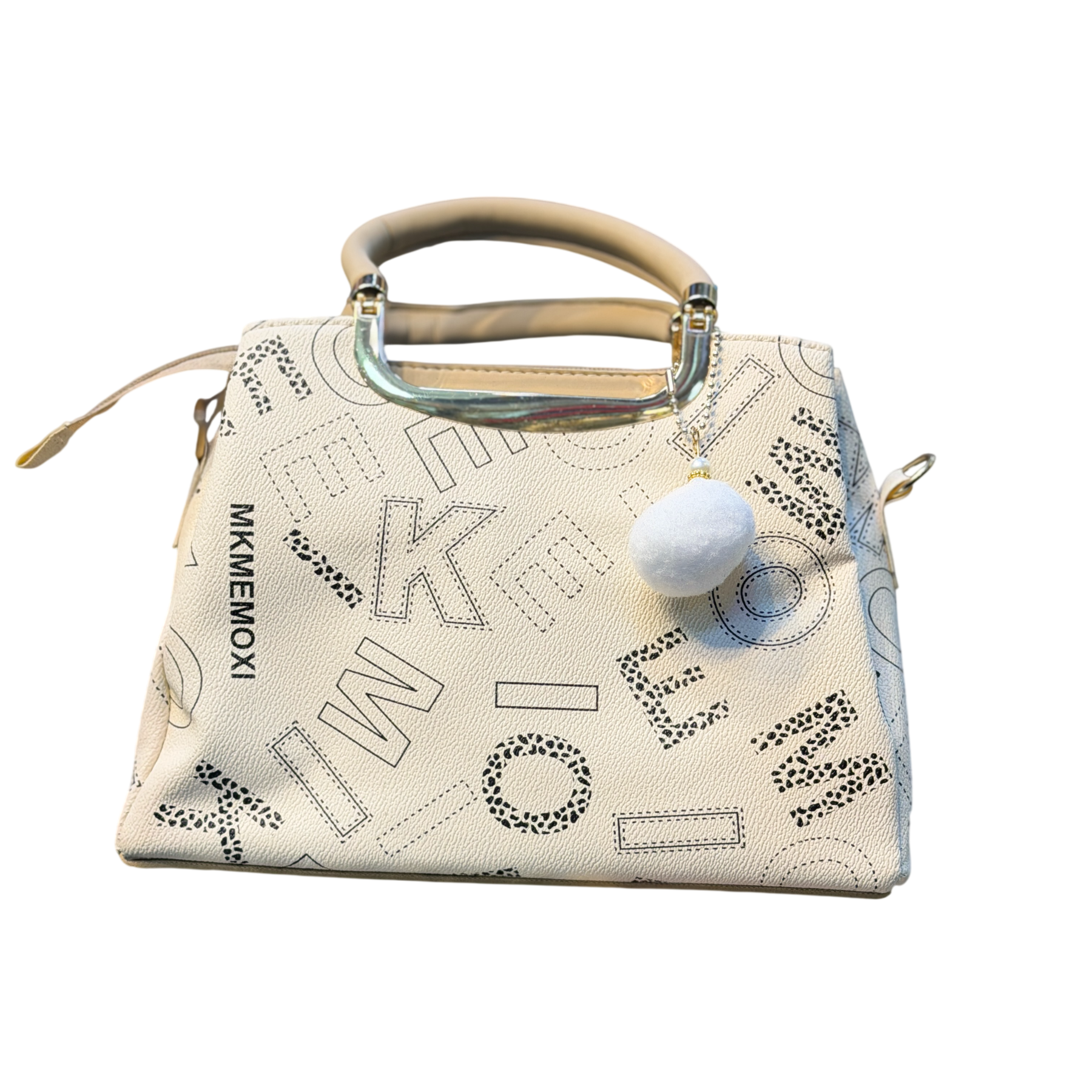 Printed Faux Leather Handbag with Pom-Pom Charm