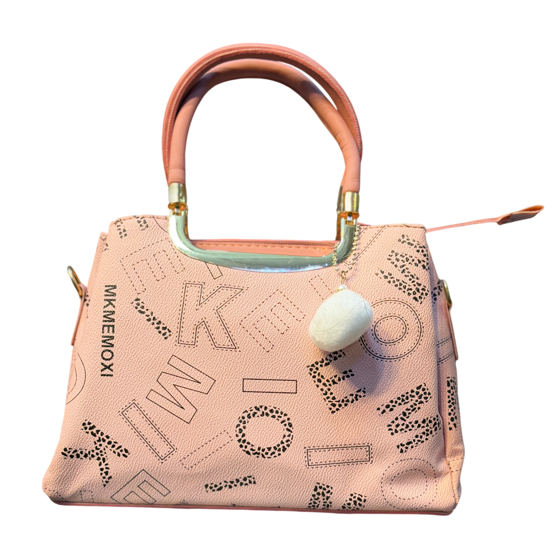 Printed Faux Leather Handbag with Pom-Pom Charm