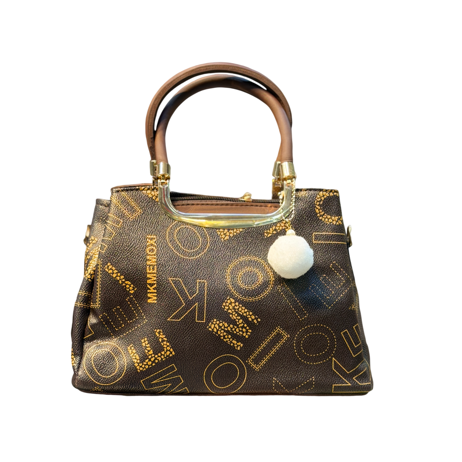 Printed Faux Leather Handbag with Pom-Pom Charm