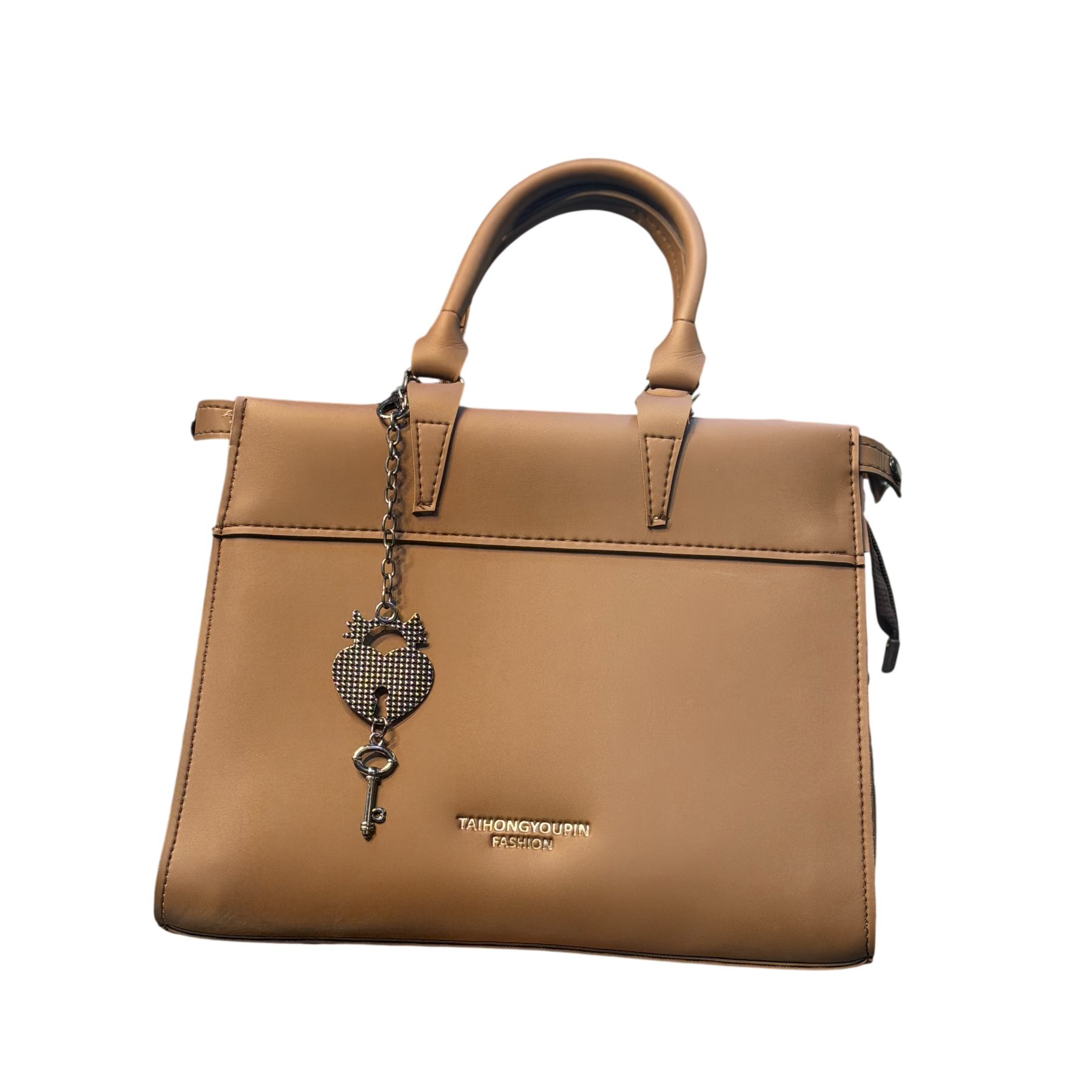 Structured Faux Leather Handbag with Heart Lock & Key Charm