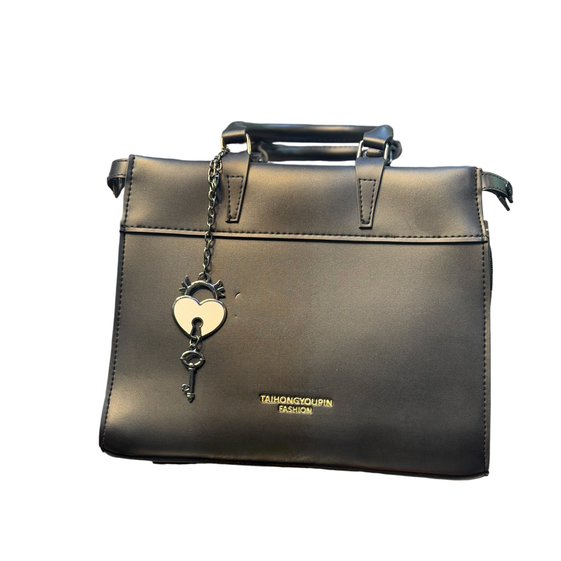 Structured Faux Leather Handbag with Heart Lock & Key Charm