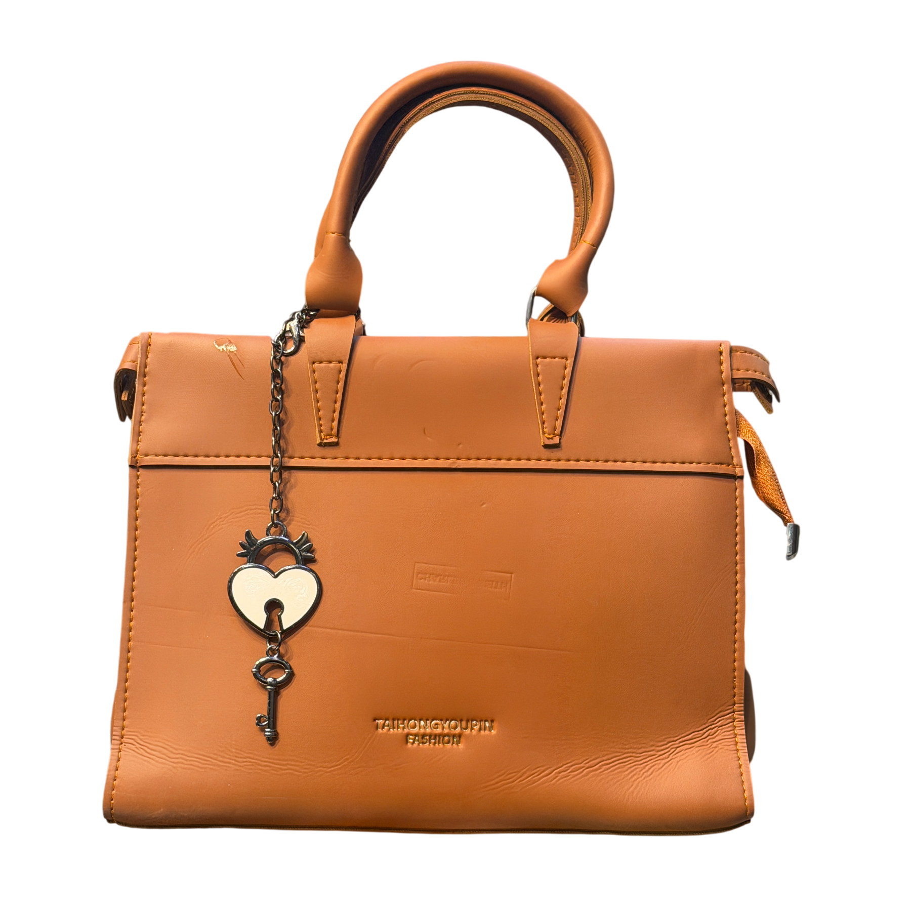Structured Faux Leather Handbag with Heart Lock & Key Charm