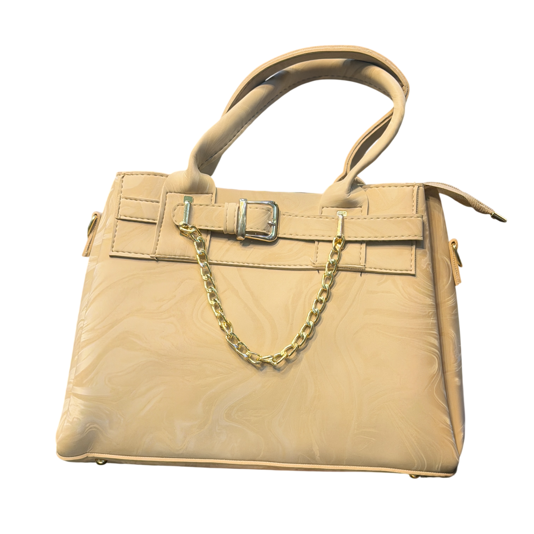 Marble Texture Faux Leather Handbag with Buckle & Gold Chain