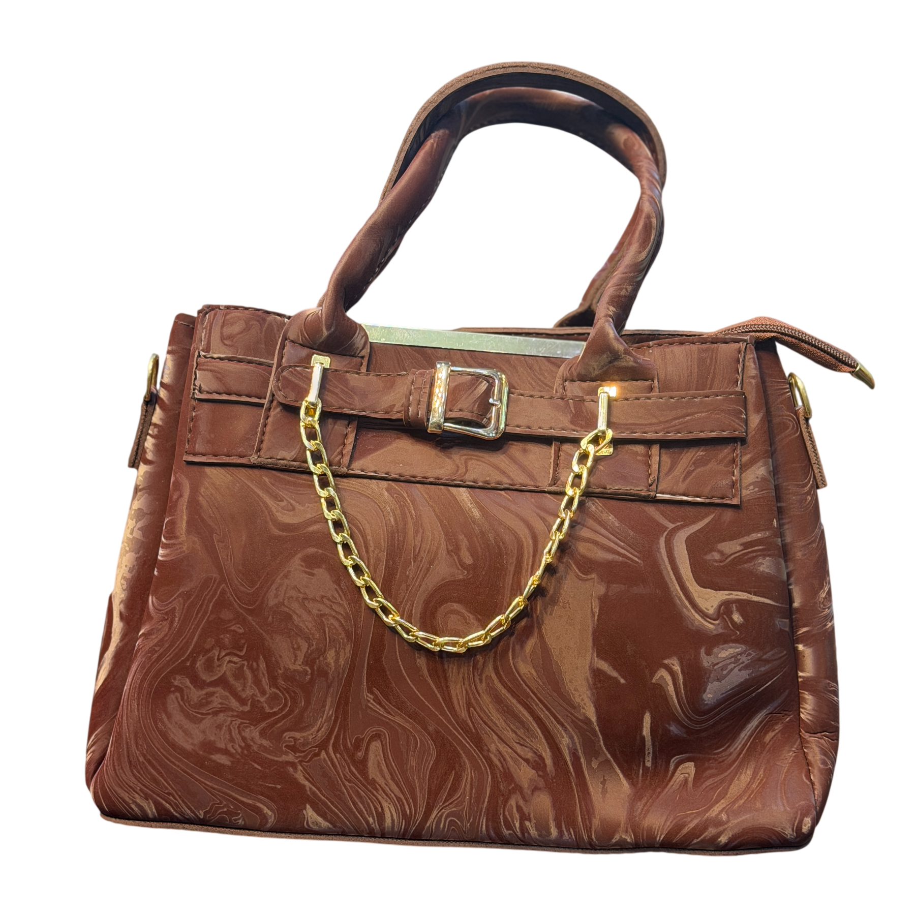Marble Texture Faux Leather Handbag with Buckle & Gold Chain