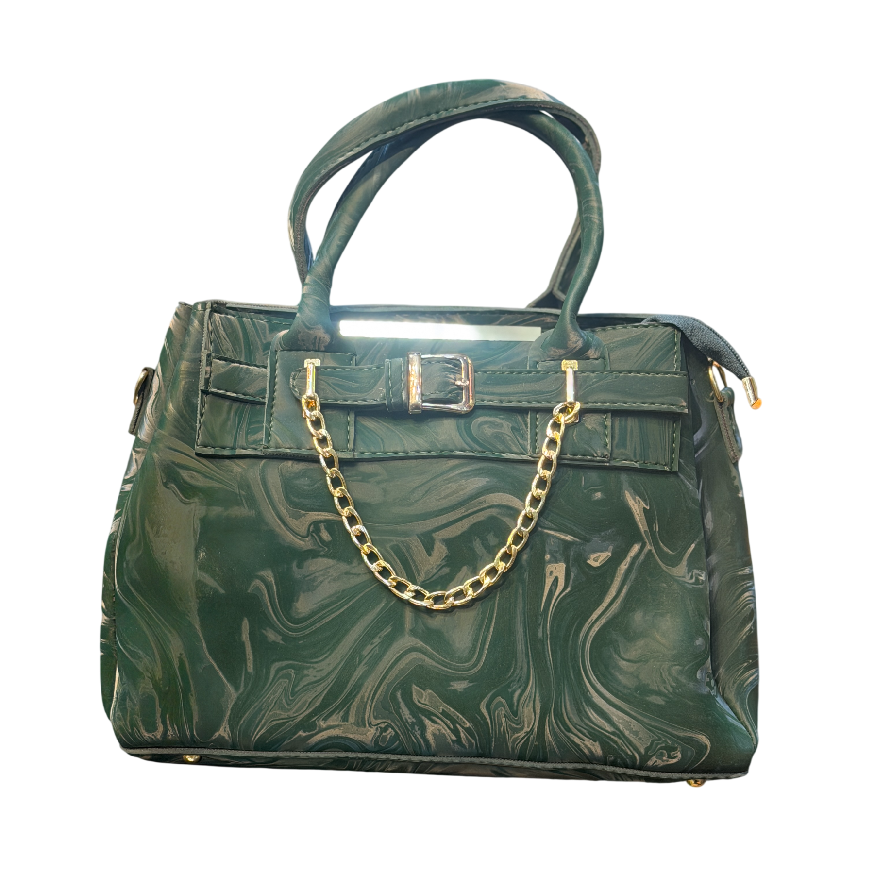 Marble Texture Faux Leather Handbag with Buckle & Gold Chain