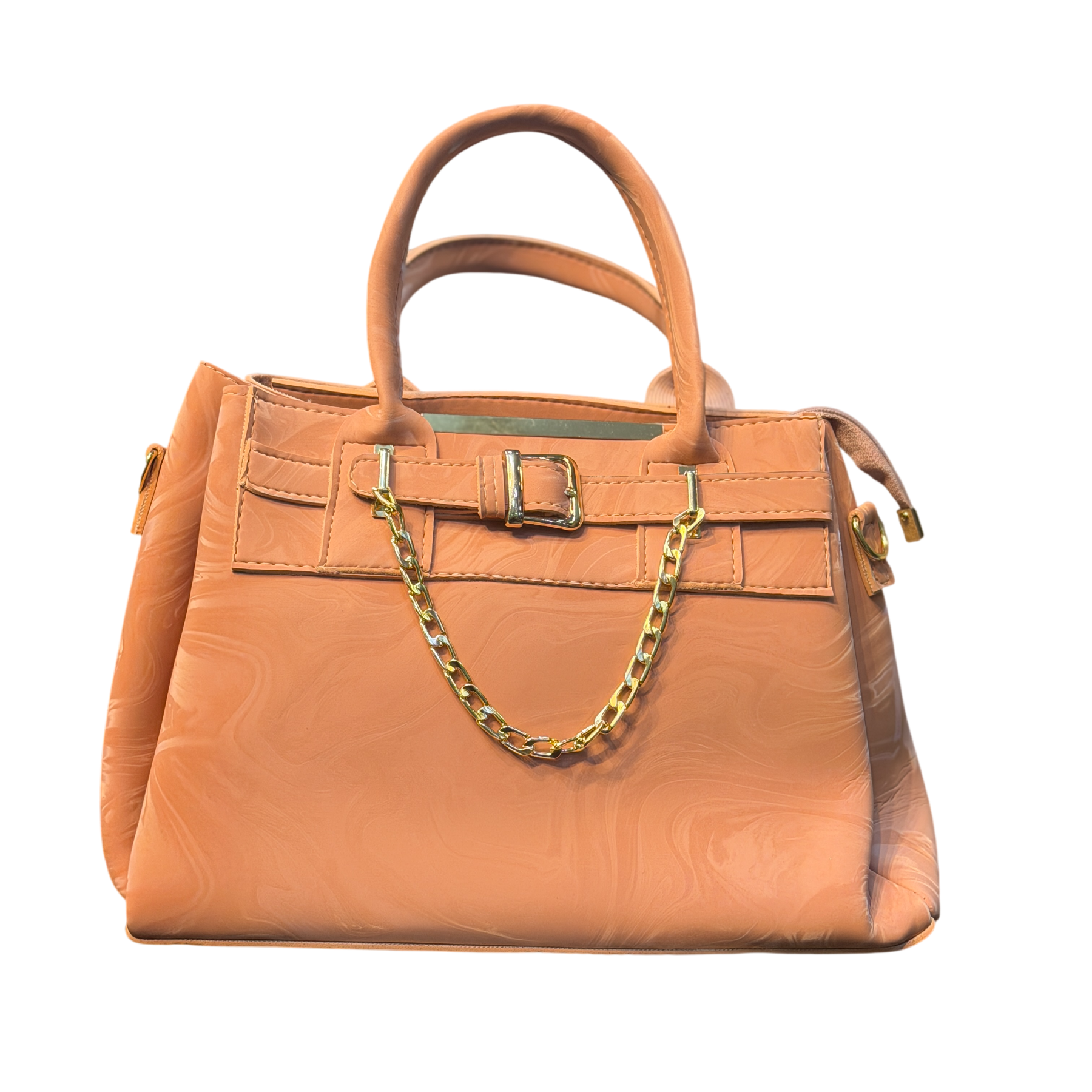 Marble Texture Faux Leather Handbag with Buckle & Gold Chain