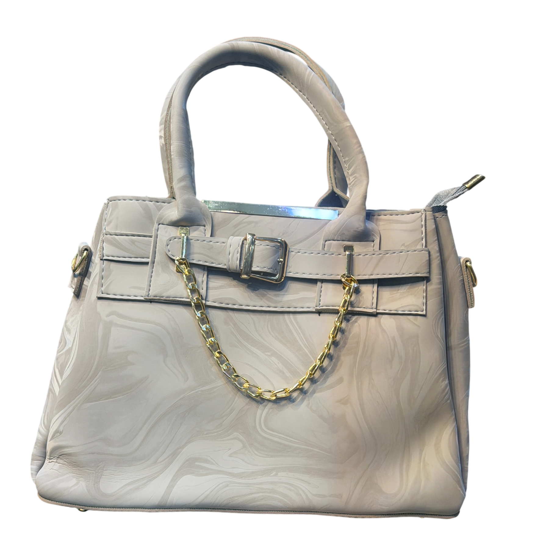 Marble Texture Faux Leather Handbag with Buckle & Gold Chain