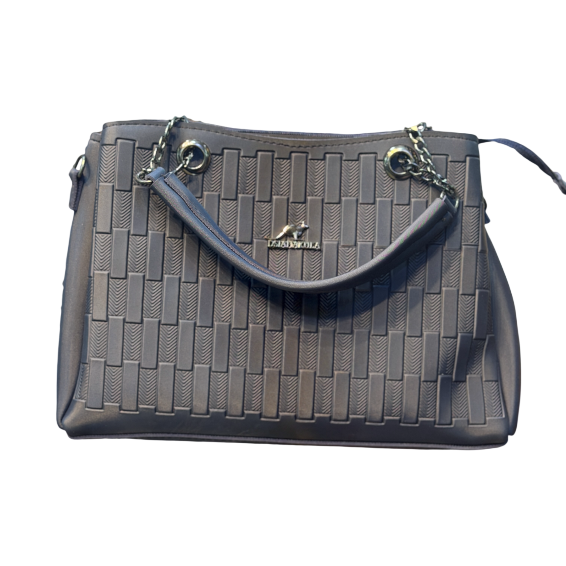 Embossed Brick Pattern Handbag with Chain Handle Detail