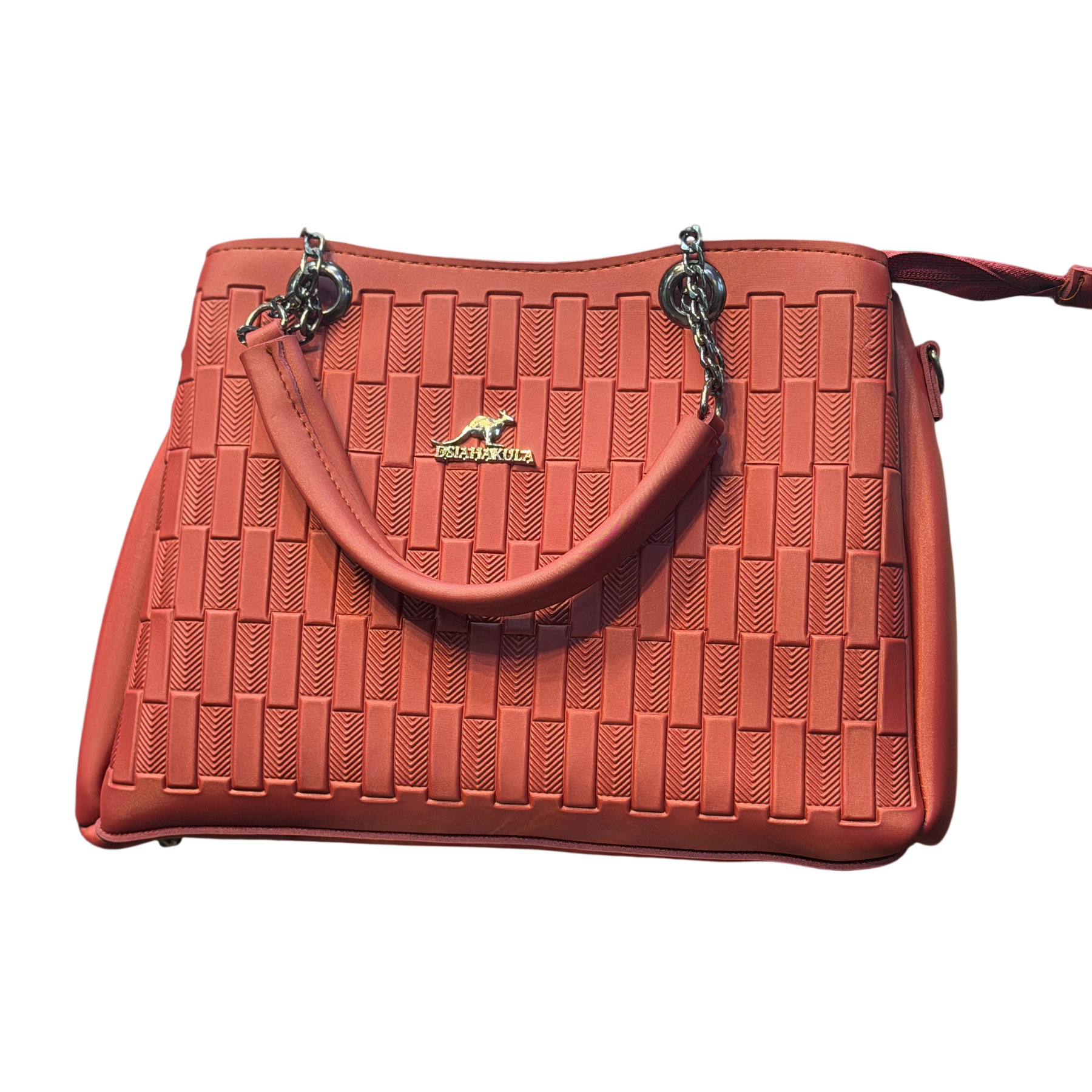 Embossed Brick Pattern Handbag with Chain Handle Detail
