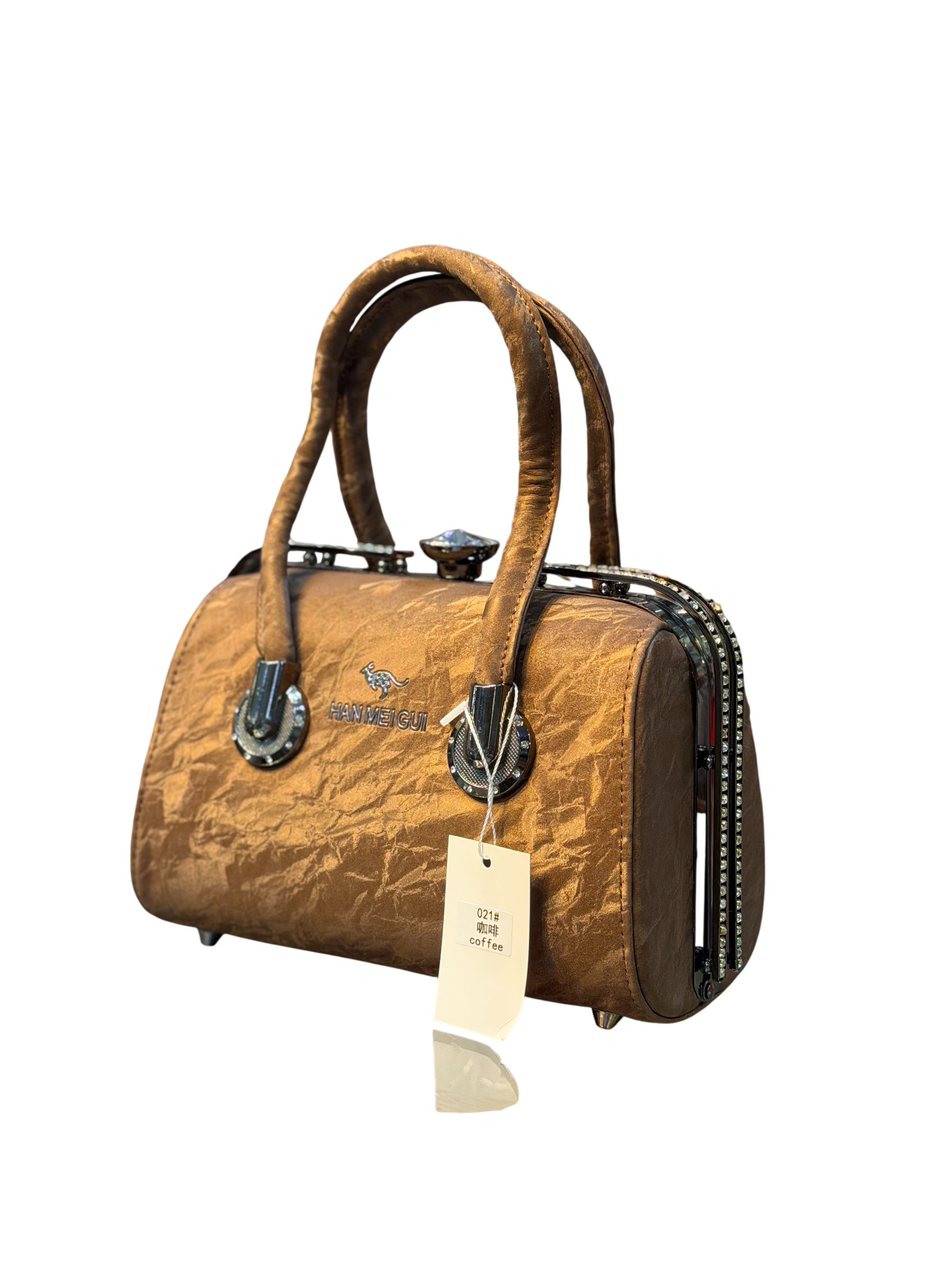Crinkle Satin Rhinestone Box Bag with Top Handles – Evening Handbag