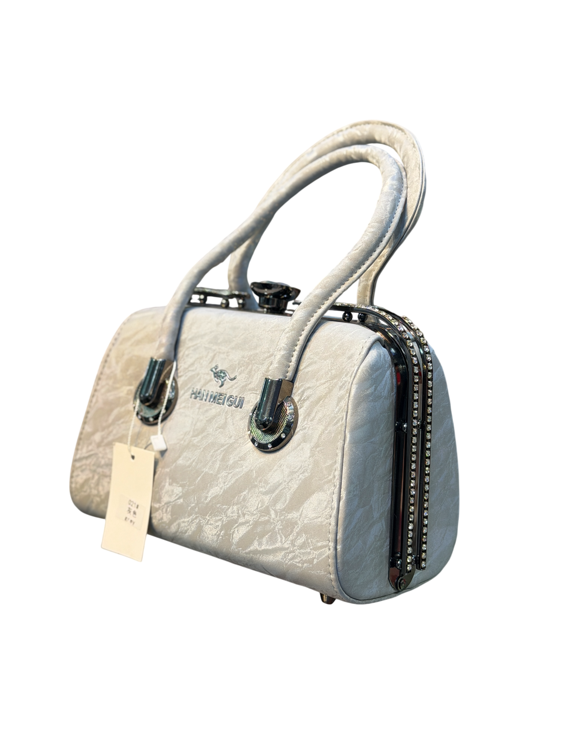 Crinkle Satin Rhinestone Box Bag with Top Handles – Evening Handbag