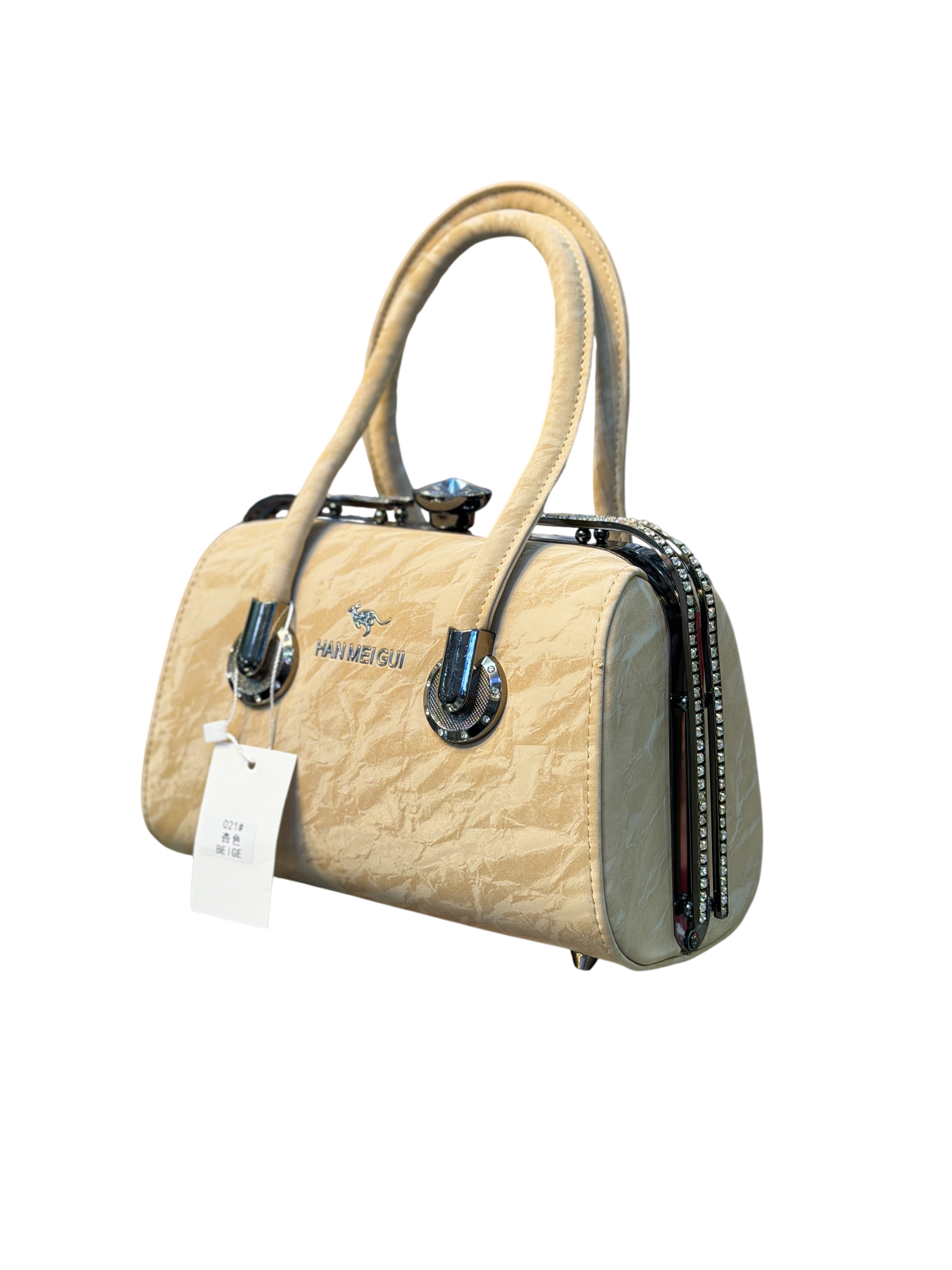 Crinkle Satin Rhinestone Box Bag with Top Handles – Evening Handbag