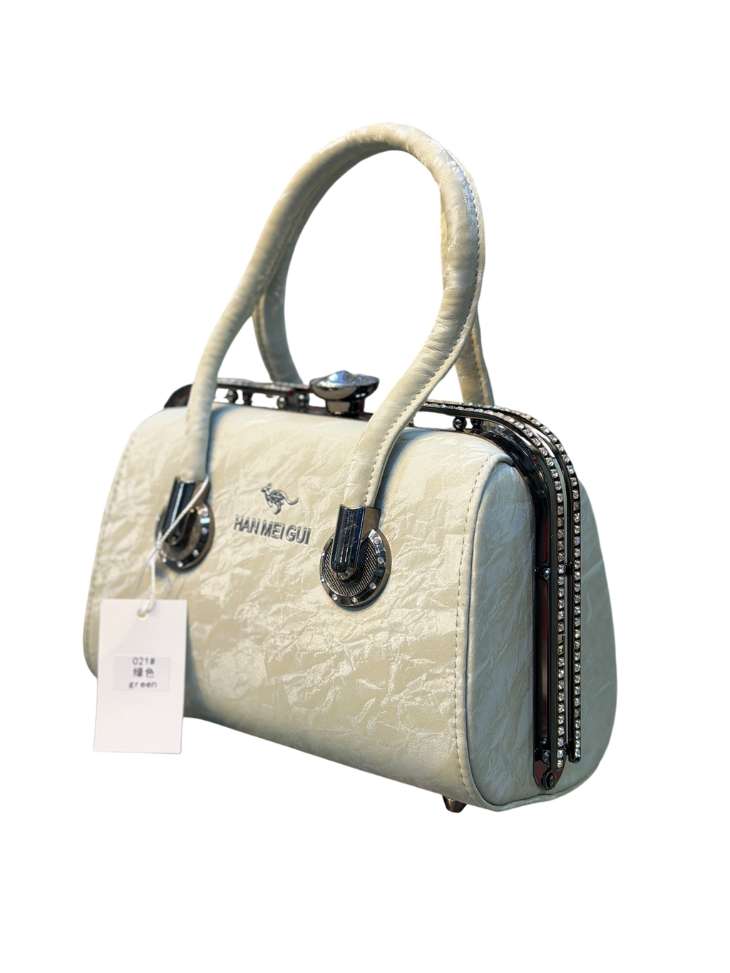 Crinkle Satin Rhinestone Box Bag with Top Handles – Evening Handbag