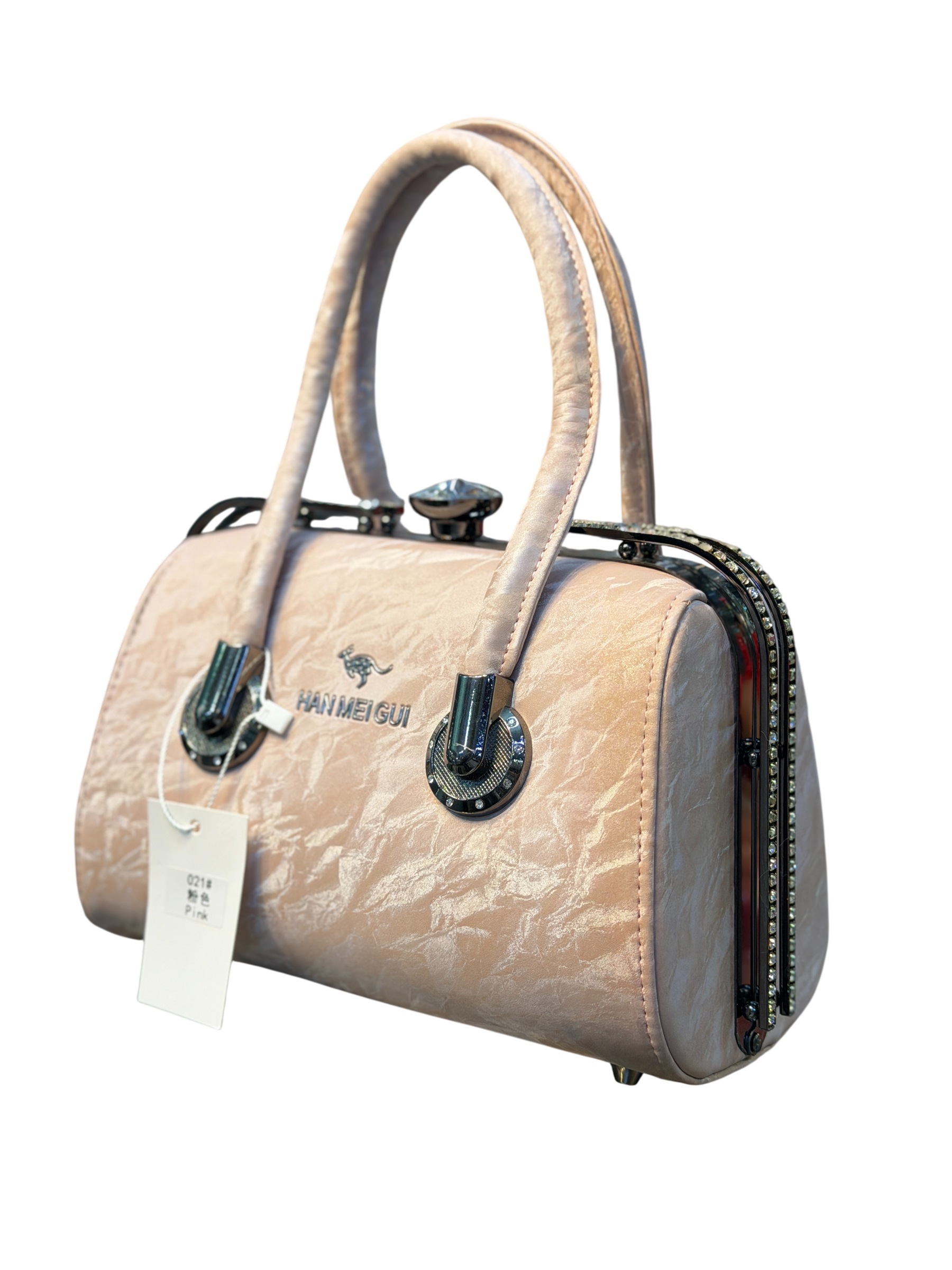 Crinkle Satin Rhinestone Box Bag with Top Handles – Evening Handbag
