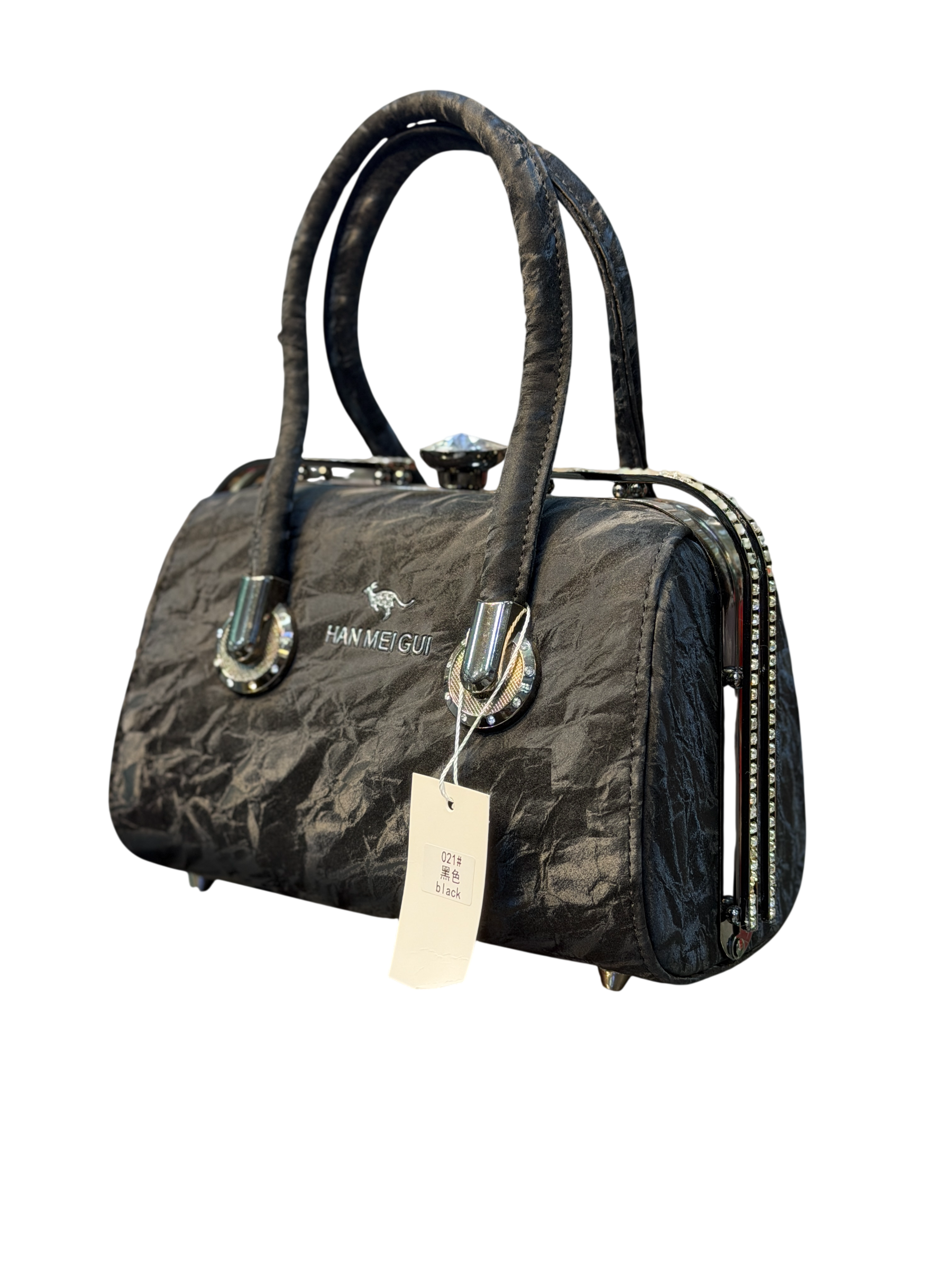 Crinkle Satin Rhinestone Box Bag with Top Handles – Evening Handbag